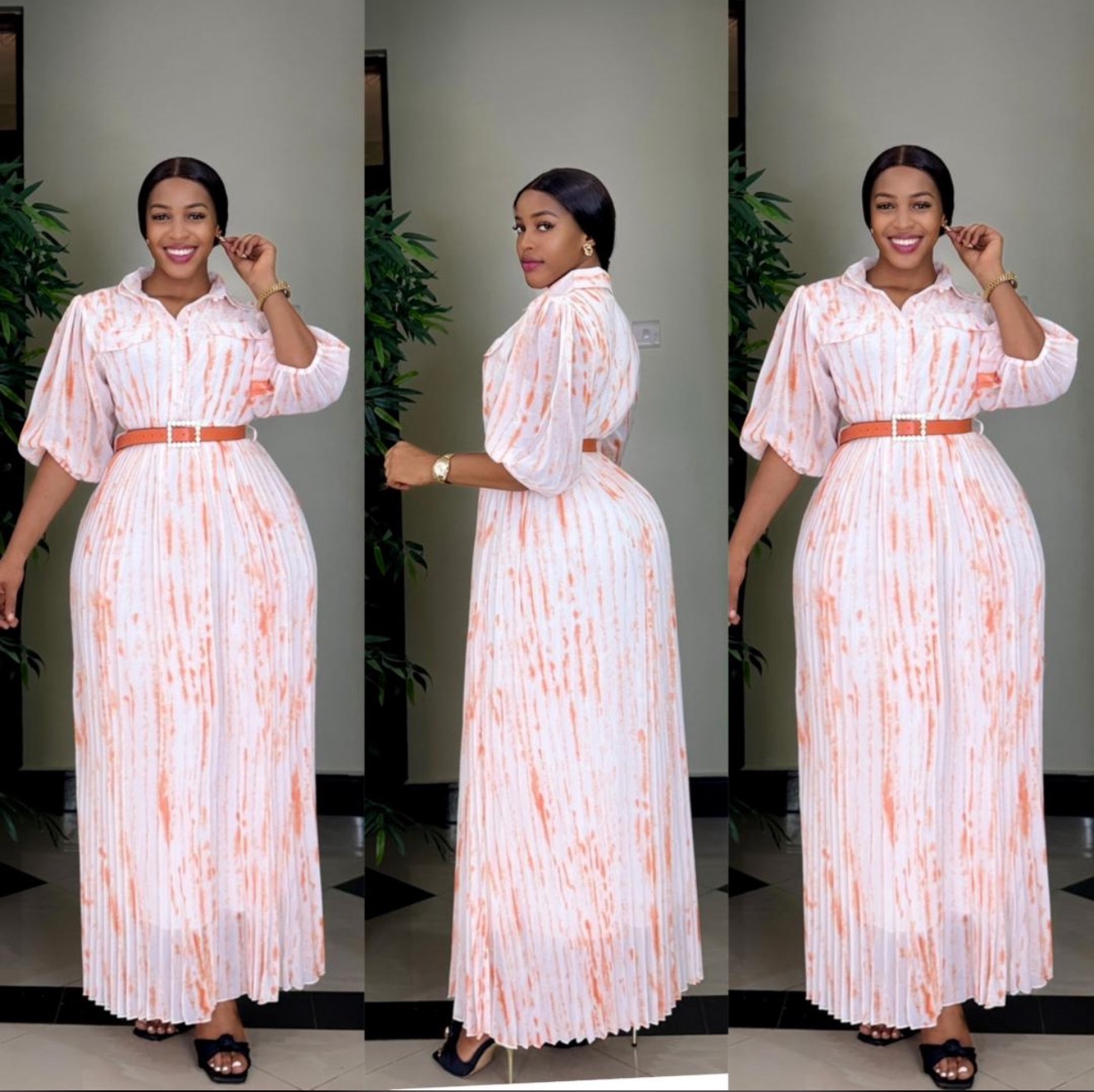 African Women Printed Turndown Collar Long Sleeve Chiffon Dress with Belt