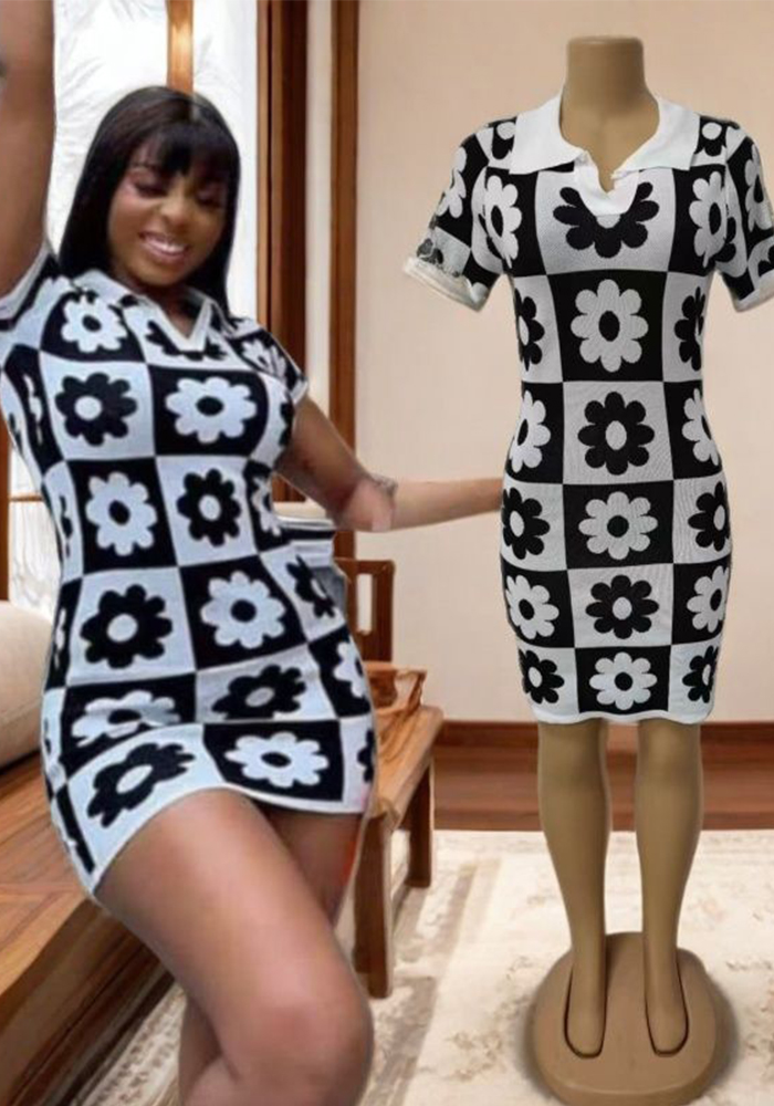 Women summer casual printed flower button Turndown Collar short-sleeved Top