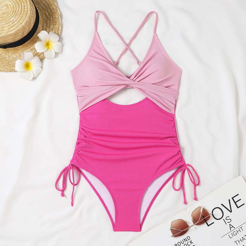 Spring Holidays Women Sexy Deep V Neck Hollow One-Piece Swimsuit