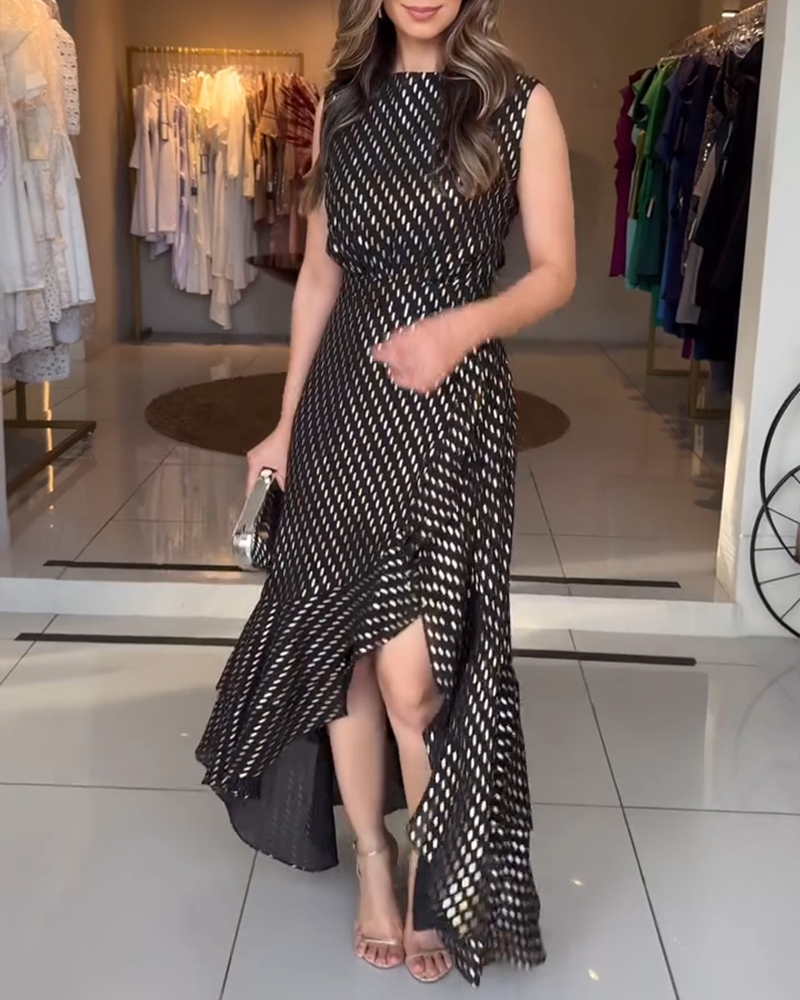 Women Sleeveless Irregular Ruffle Slit Maxi Dress