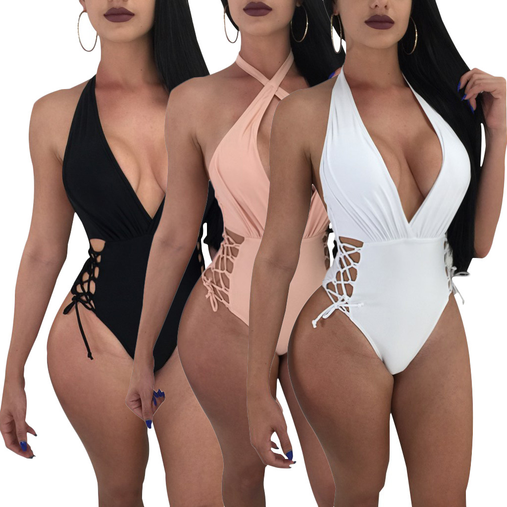 Women's Sexy Halter Neck Side Lace-up One-Piece Swimsuit