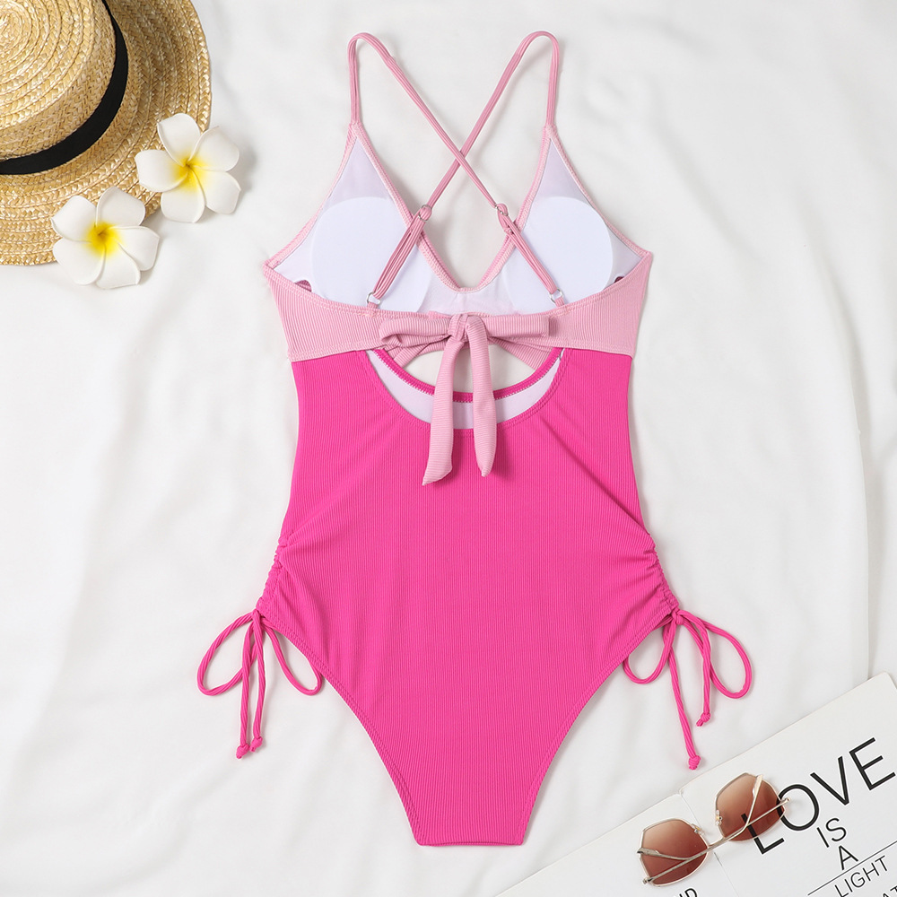 Spring Holidays Women Sexy Deep V Neck Hollow One-Piece Swimsuit