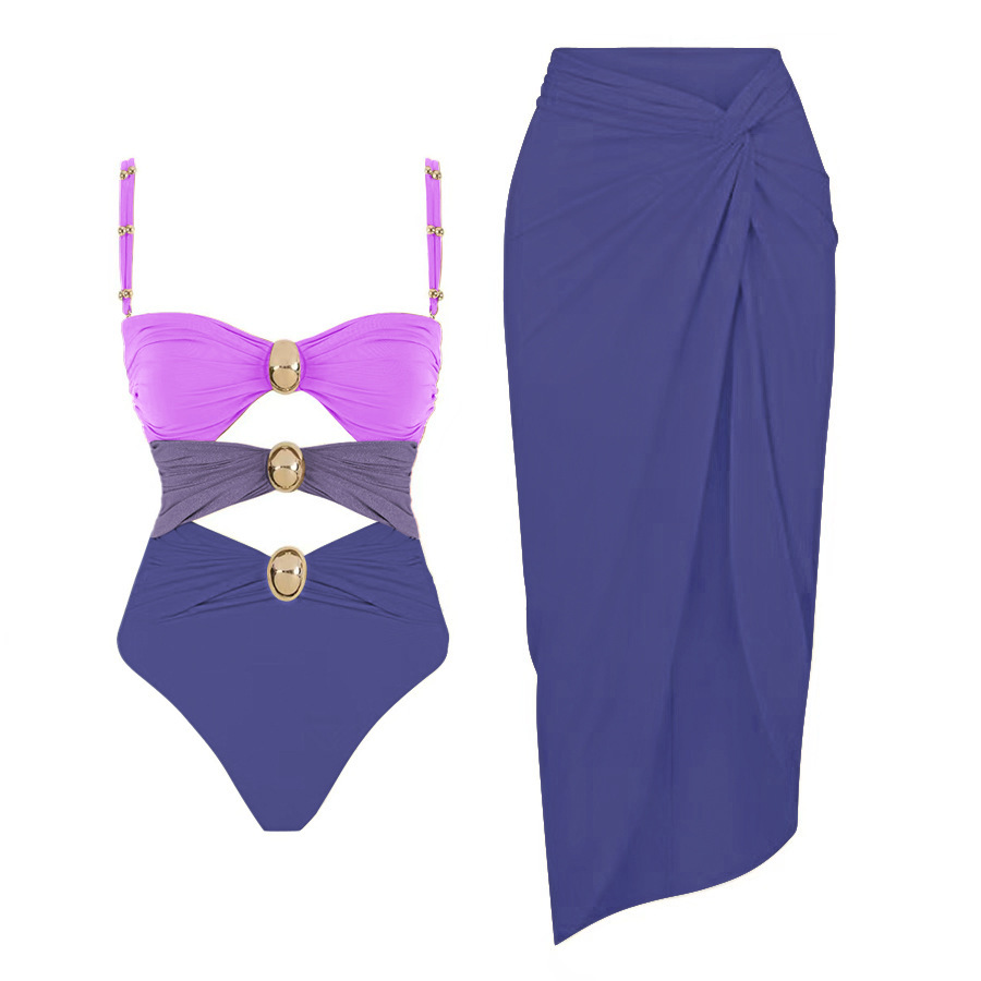 Women Color Block Hollow Sexy One-Piece Swimwear  Two-Piece Set