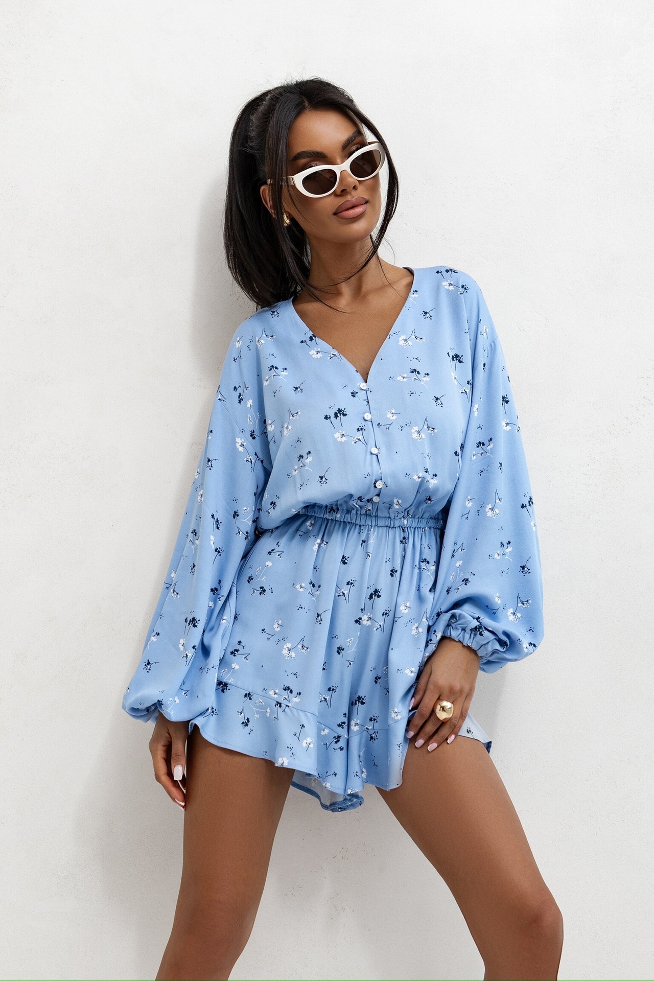 Women Printed V-Neck Long Sleeve Jumpsuit