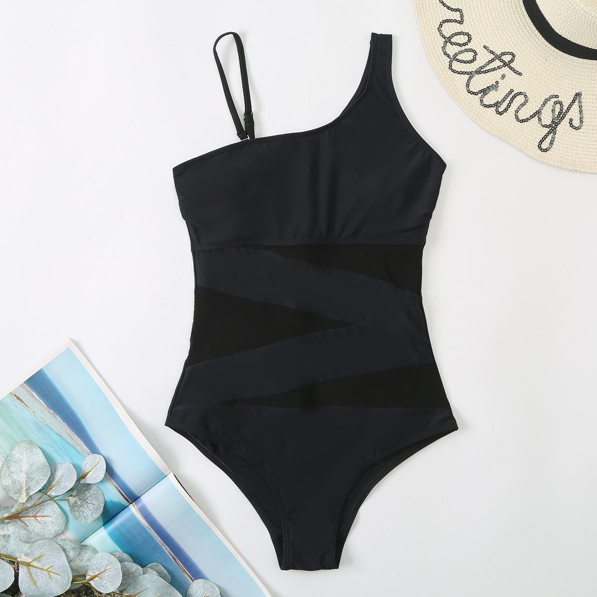 Patchwork Mesh Women's One-Piece Slash Shoulder Swimsuit