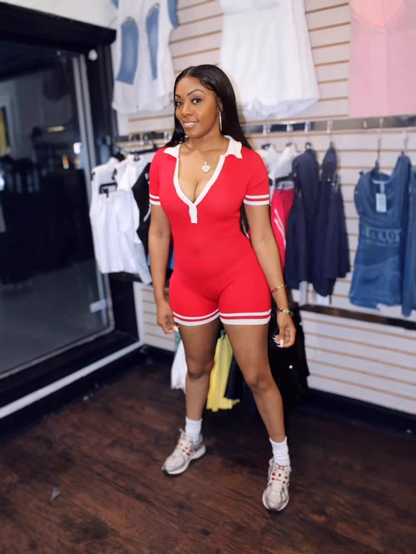 Women Summer American Casual Solid Sexy V-Neck Short Sleeve Jumpsuit