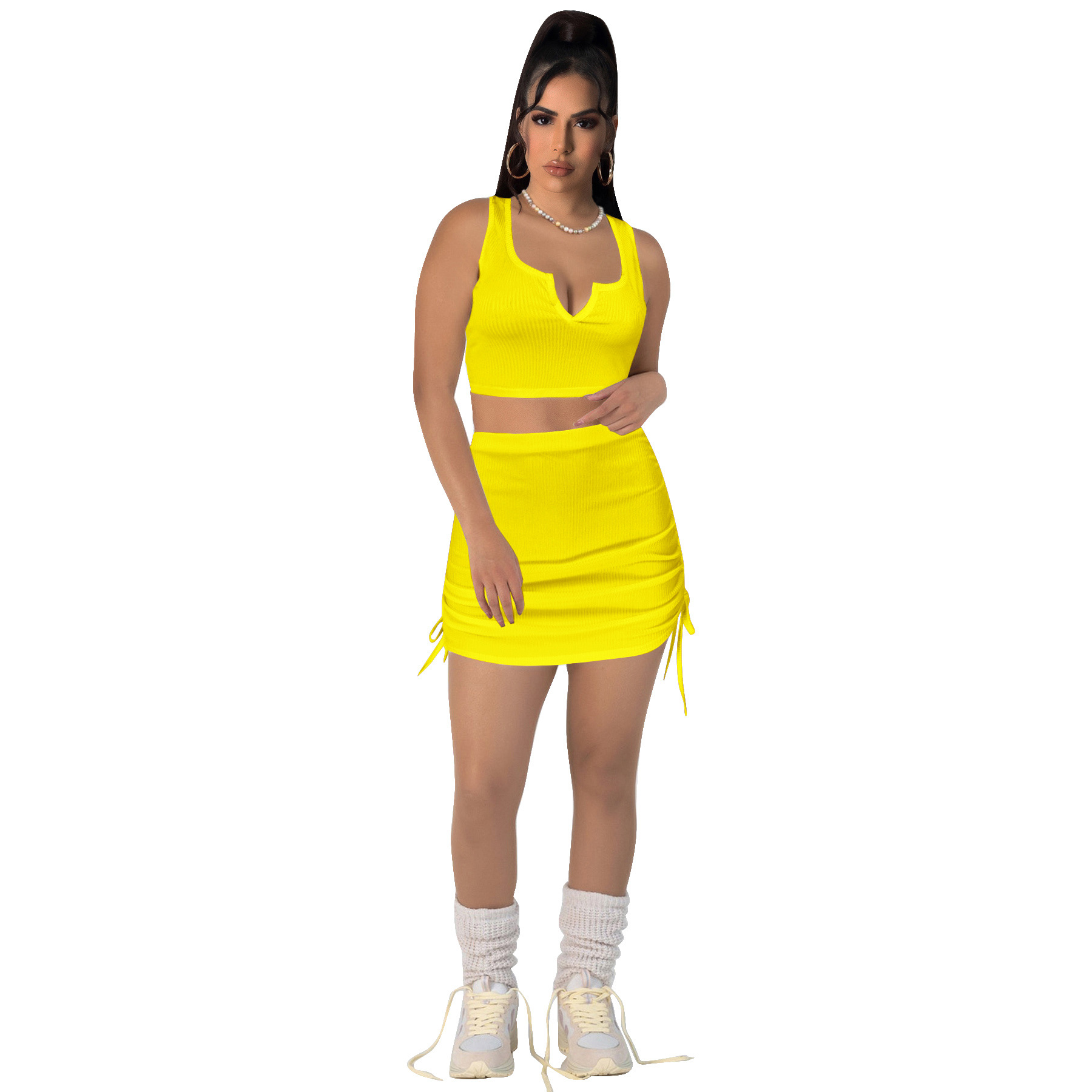 Women Stretch sexy v-neck Top and drawstring Solid Skirt two-piece set