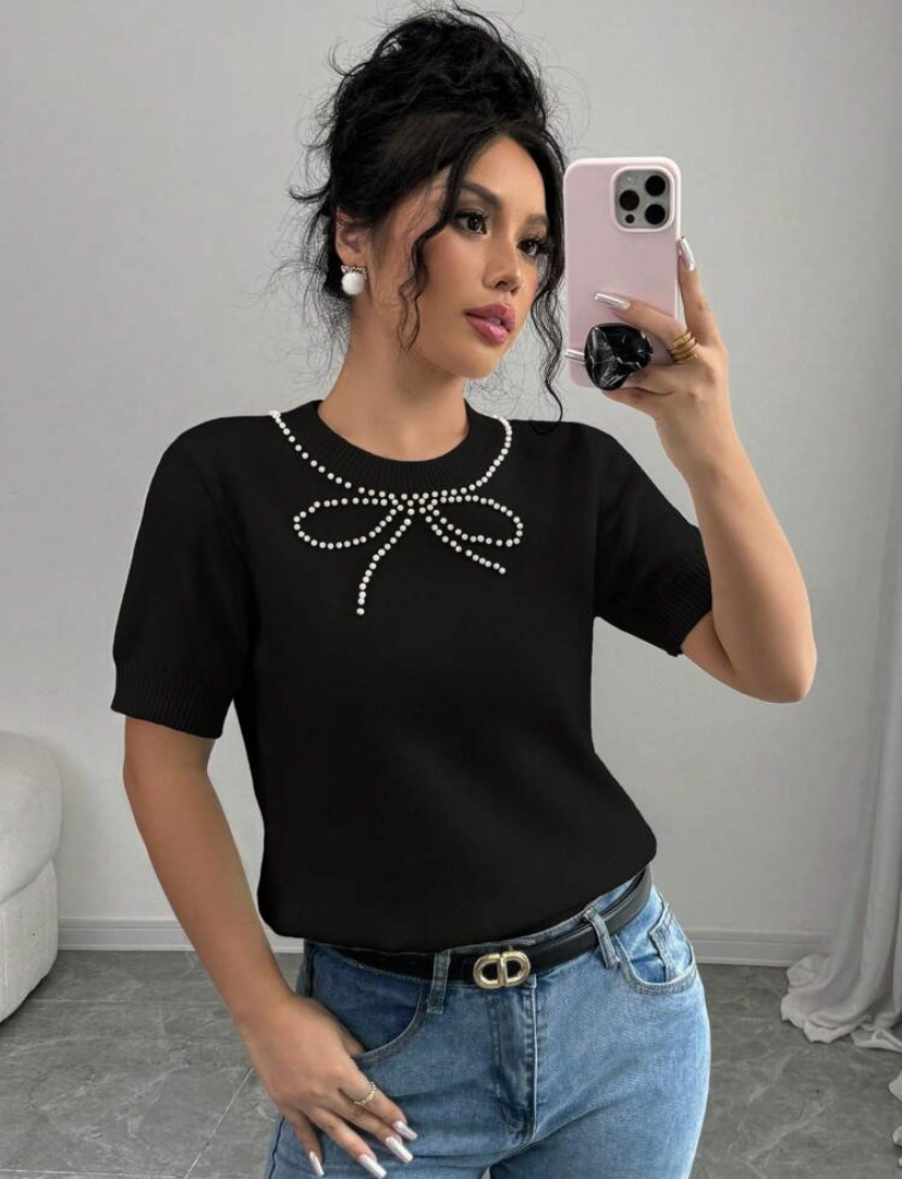 Women Solid Bow Beaded Top Short Sleeve T-shirt