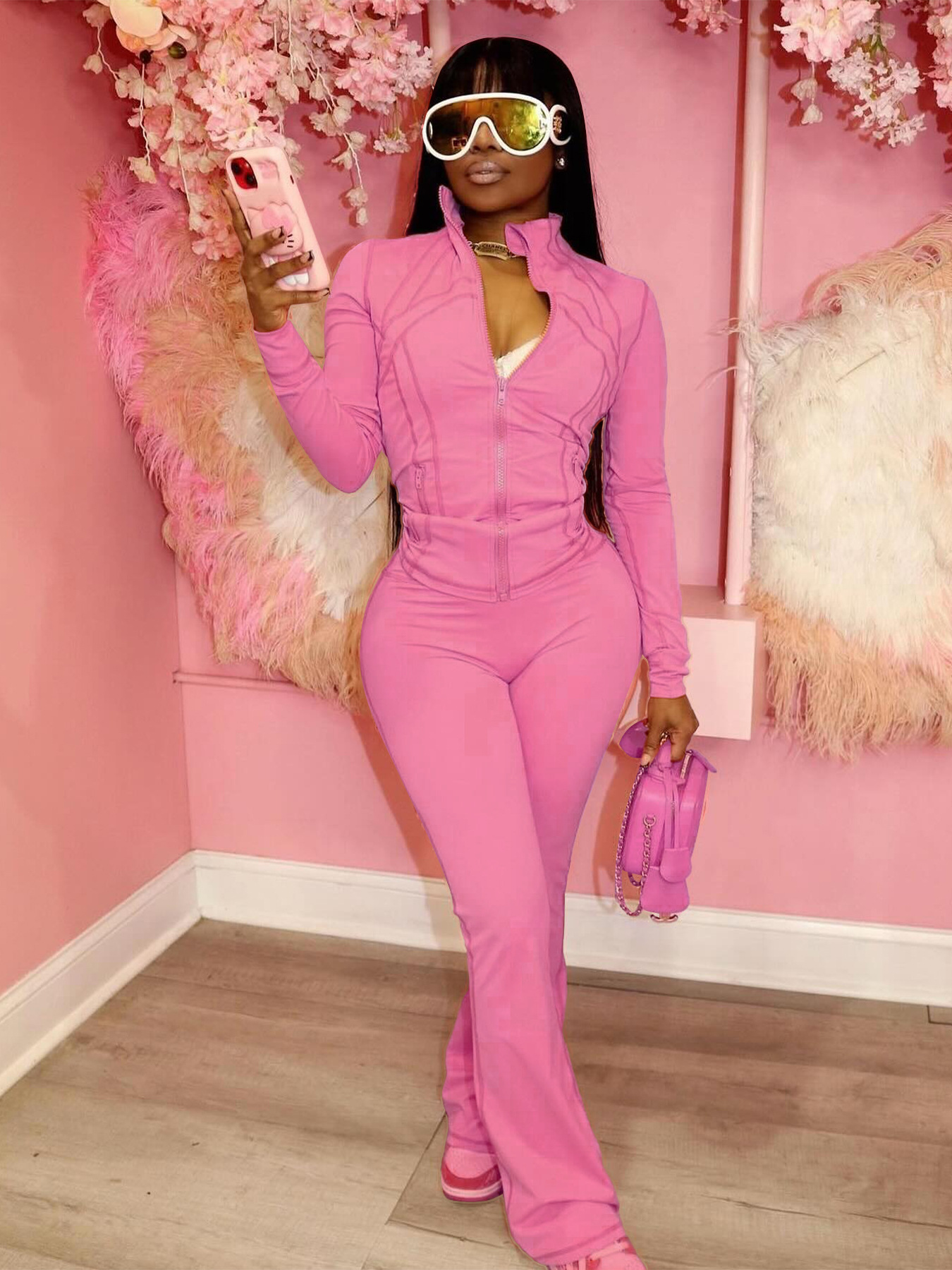 Sports Casual Women's Sexy Tight Fitting Long Sleeve Top Micro Bell Pants Two-Piece Set