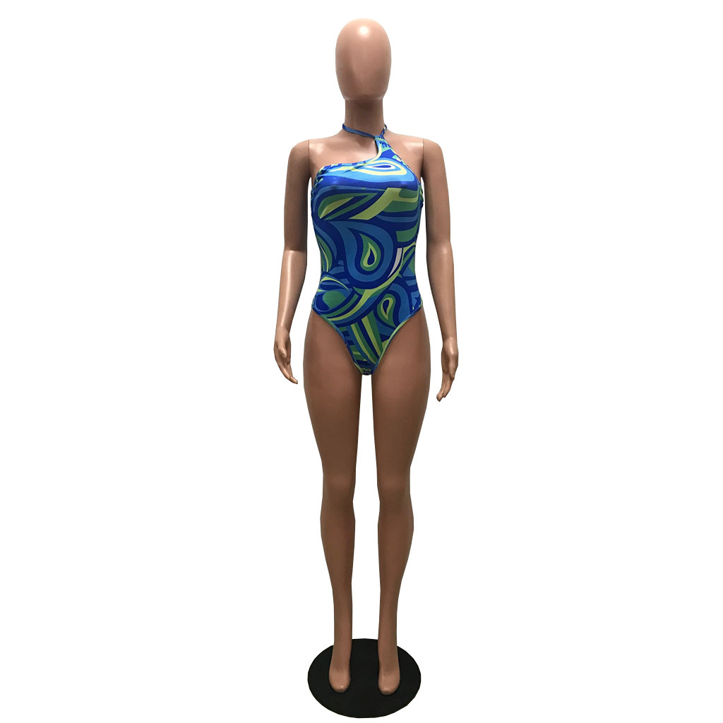Women's fashion sexy Halter Lace-Up Low Back Print Bodysuit