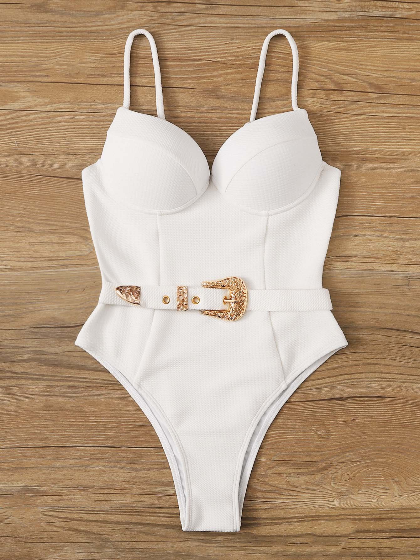 Women's Metal Belt Buckle Solid Color One-Piece Swimsuit
