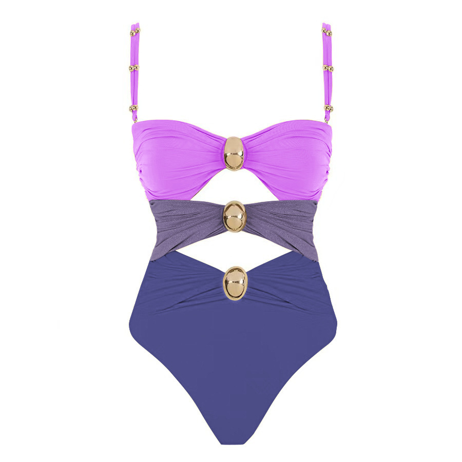 Women Color Block Hollow Sexy One-Piece Swimwear  Two-Piece Set