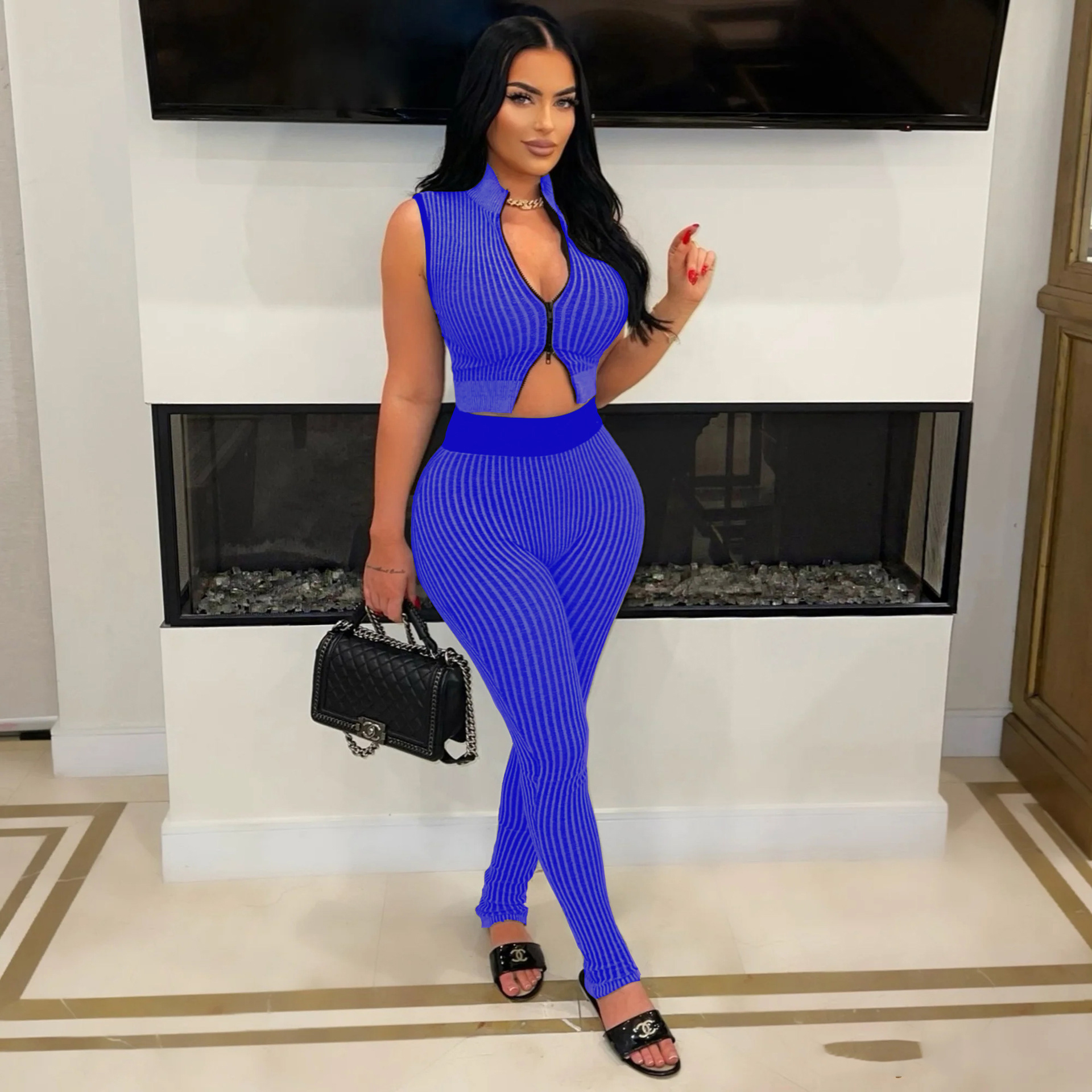 Women's Casual Sexy Knitting sleeveless Crop top High Waist Pants Two-piece Set