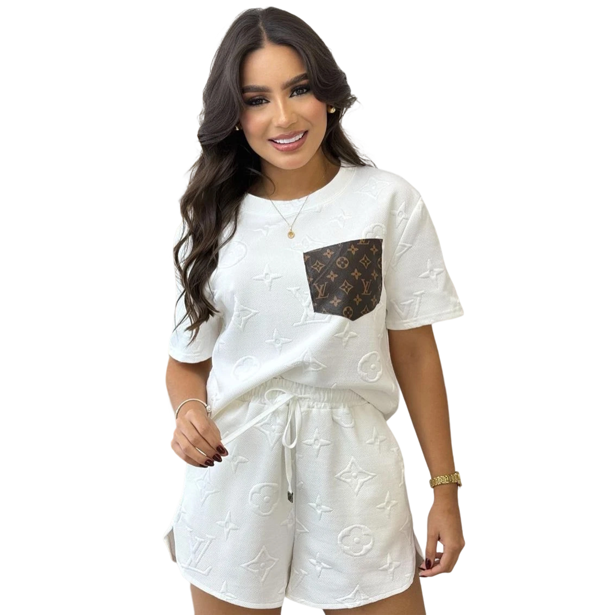 Women casual Pu-Leather pocket jacquard short-sleeved top and shorts sports two-piece set
