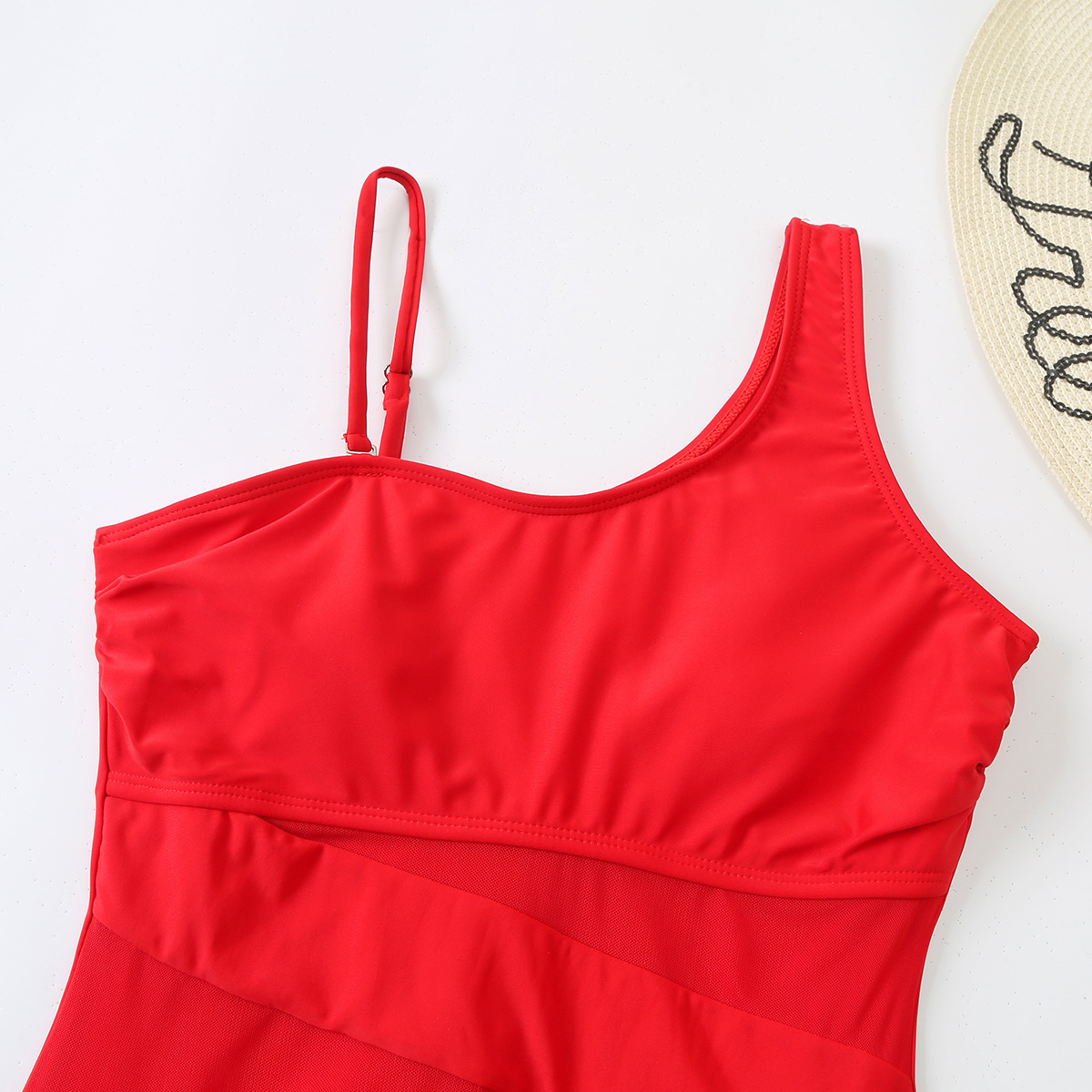 Patchwork Mesh Women's One-Piece Slash Shoulder Swimsuit