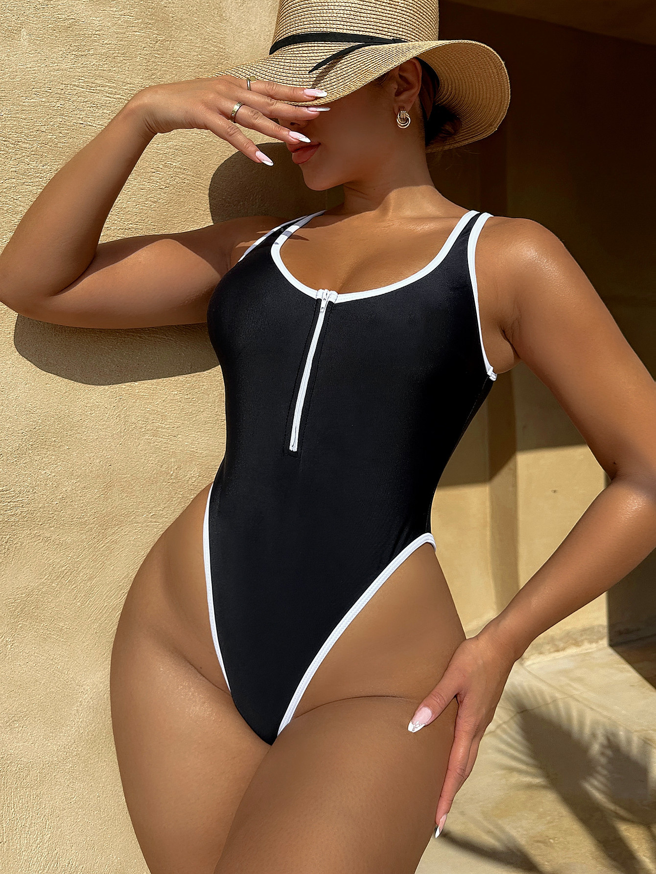 Sexy Black Zipper One Piece Swimsuit