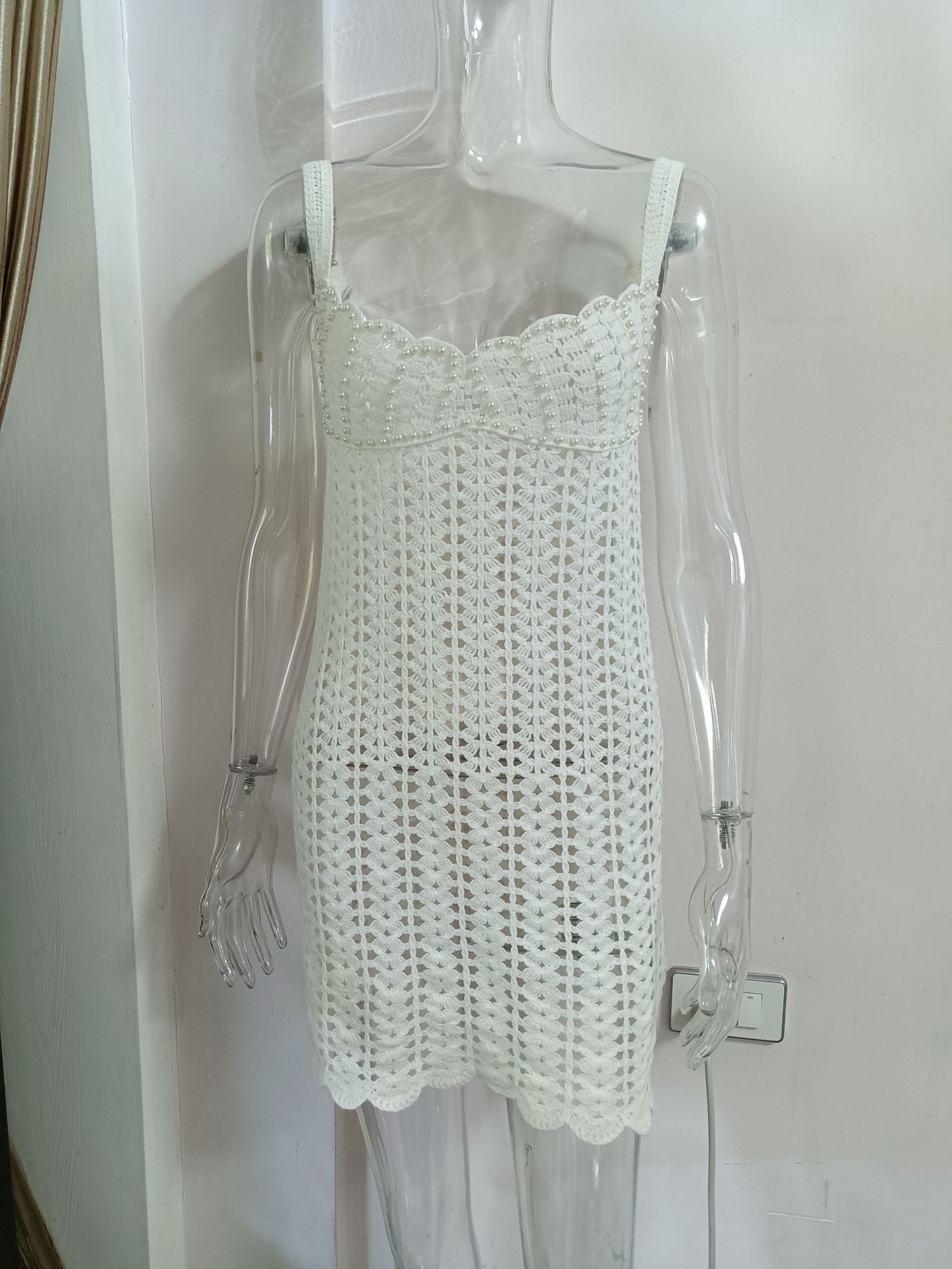 Women knitting v-neck pearl hollow Strap Dress
