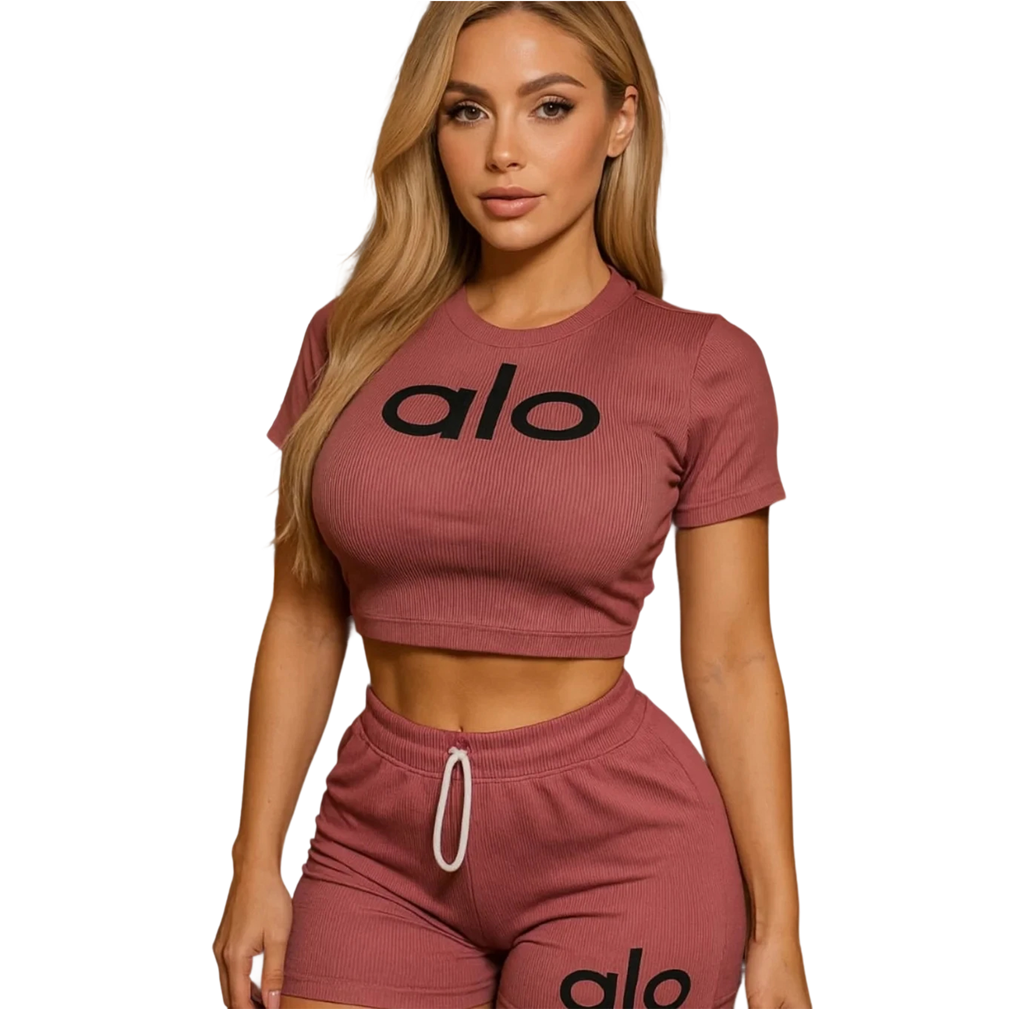 Women summer Stretch Round Neck short-sleeved top and shorts two-piece set