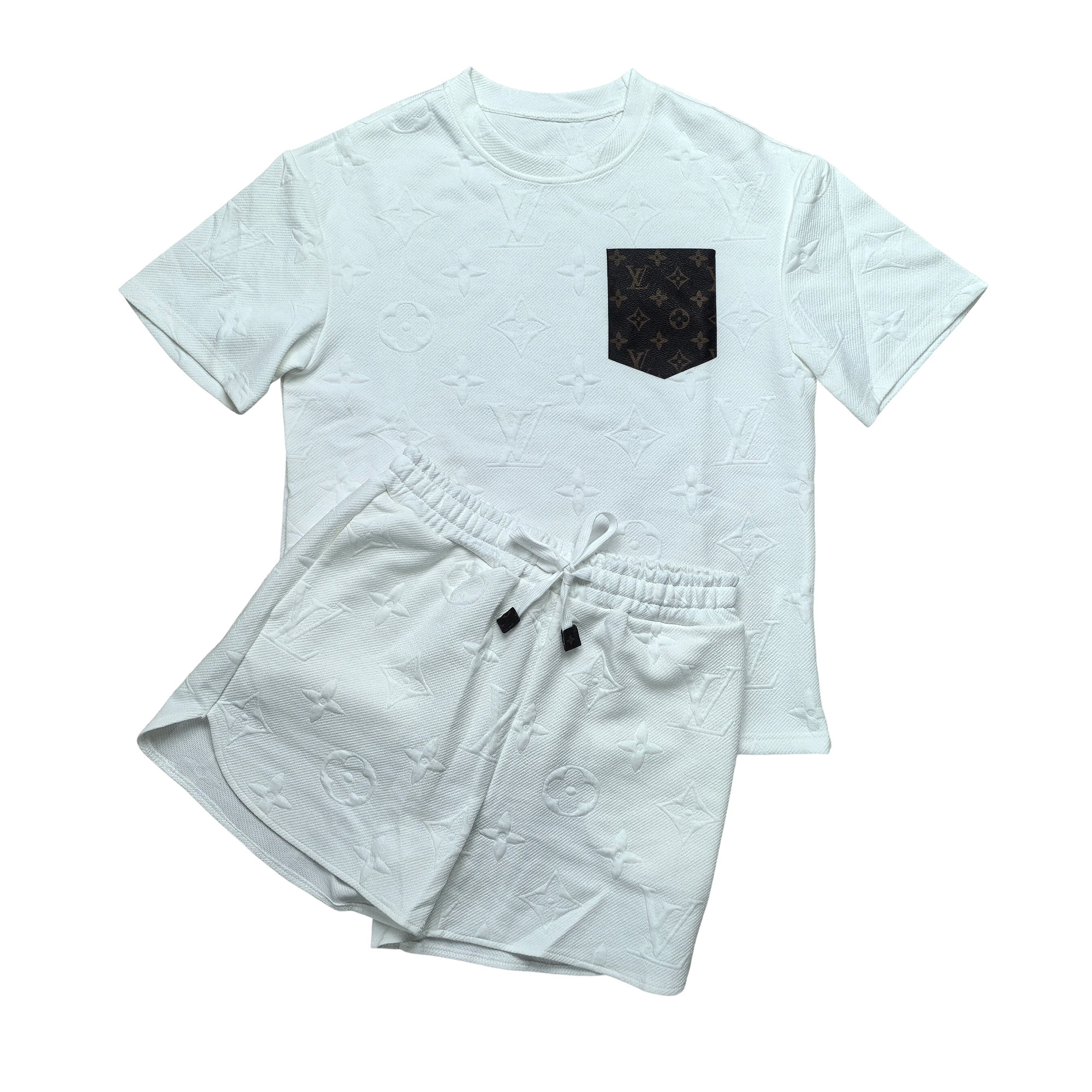 Women casual Pu-Leather pocket jacquard short-sleeved top and shorts sports two-piece set