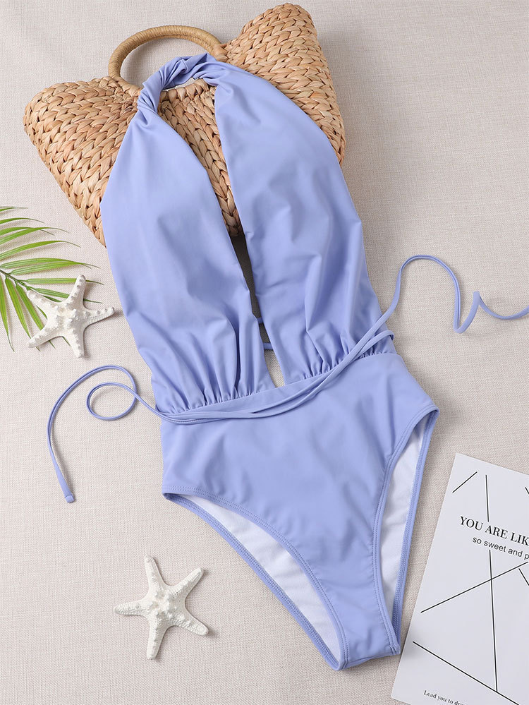 Sexy Solid Color Strap Halter Deep V-Neck One-Piece Low Back Beach Swimsuit
