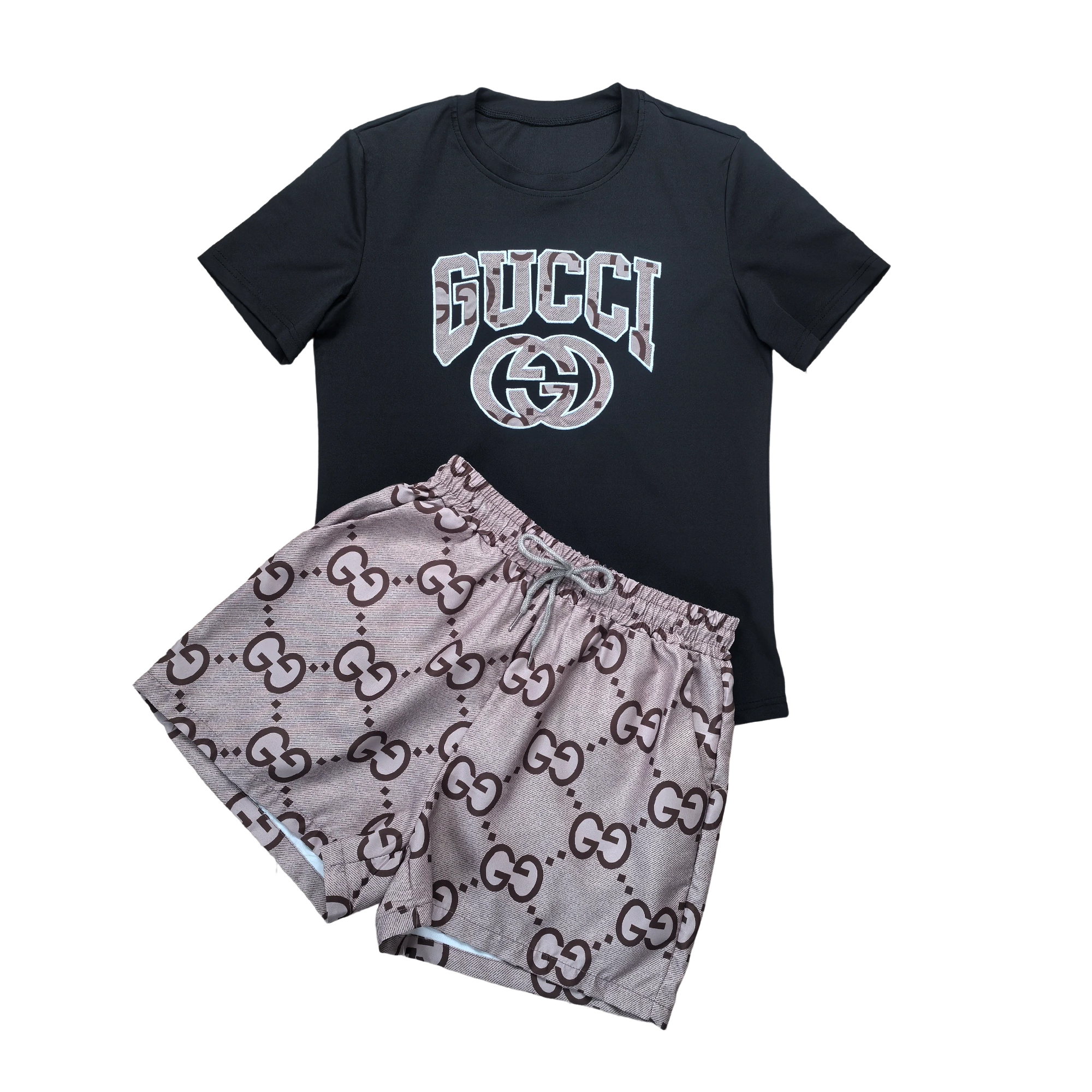 Women Summer Embroidered Printed Short Sleeve Top and Shorts Two-Piece Set