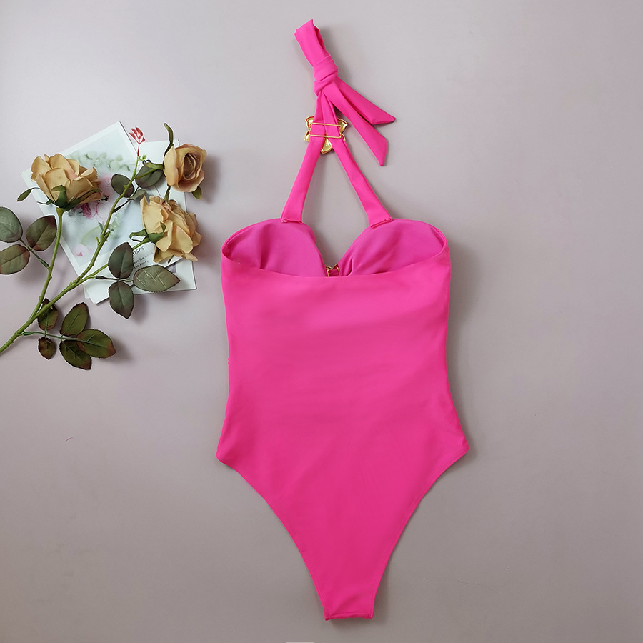 Sexy Hollow One-Piece Women Swimsuit Metal Flower Decoration Halter Neck Bikini