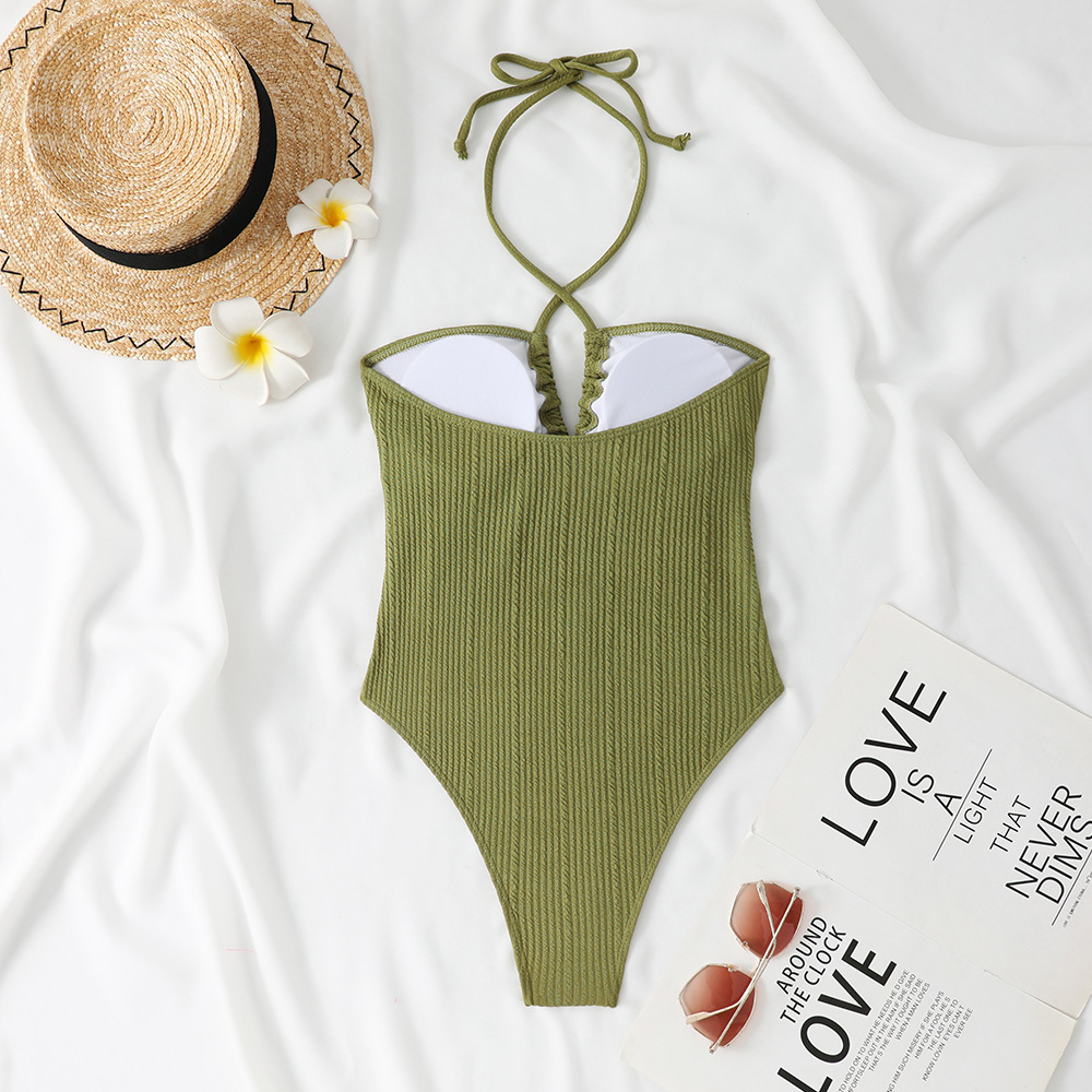 Ribbed Solid Color One-Piece Lace-Up Low Back Sexy Swimsuit