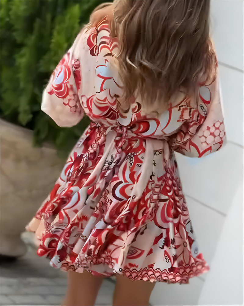 Women Red Abstract Geometric Pattern Puff Sleeve Lace-Up Bell Bottom Dress