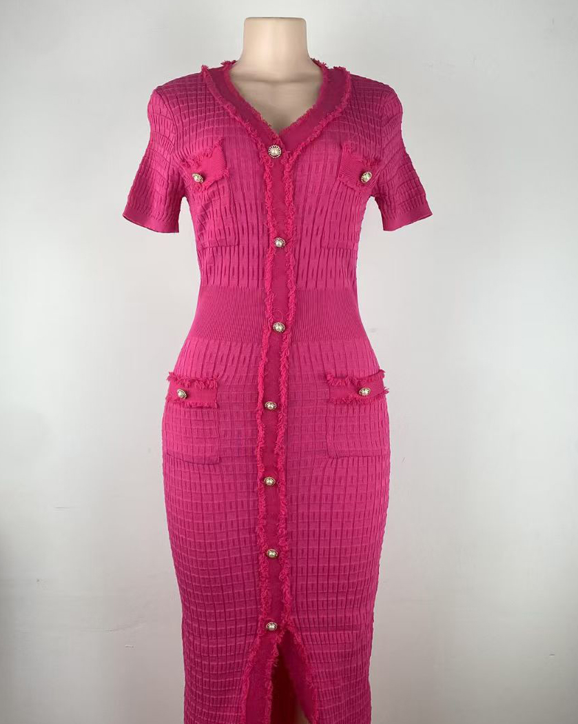 Women V-neck tassel slit knitting dress