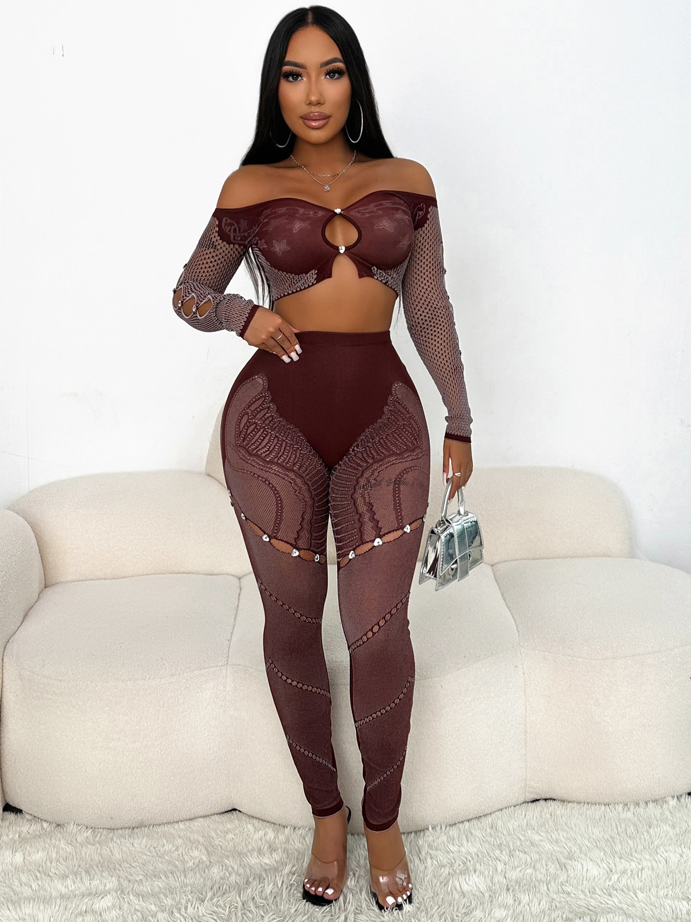 Women Fall Long Sleeve Crop Top Sexy Hollow Pants Two-Piece Set