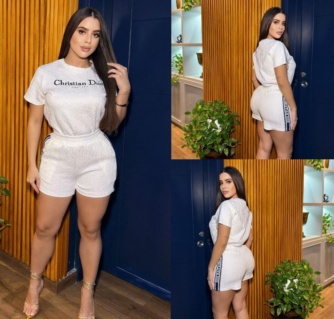 Women Embroidered short-sleeved top and shorts jacquard two-piece set