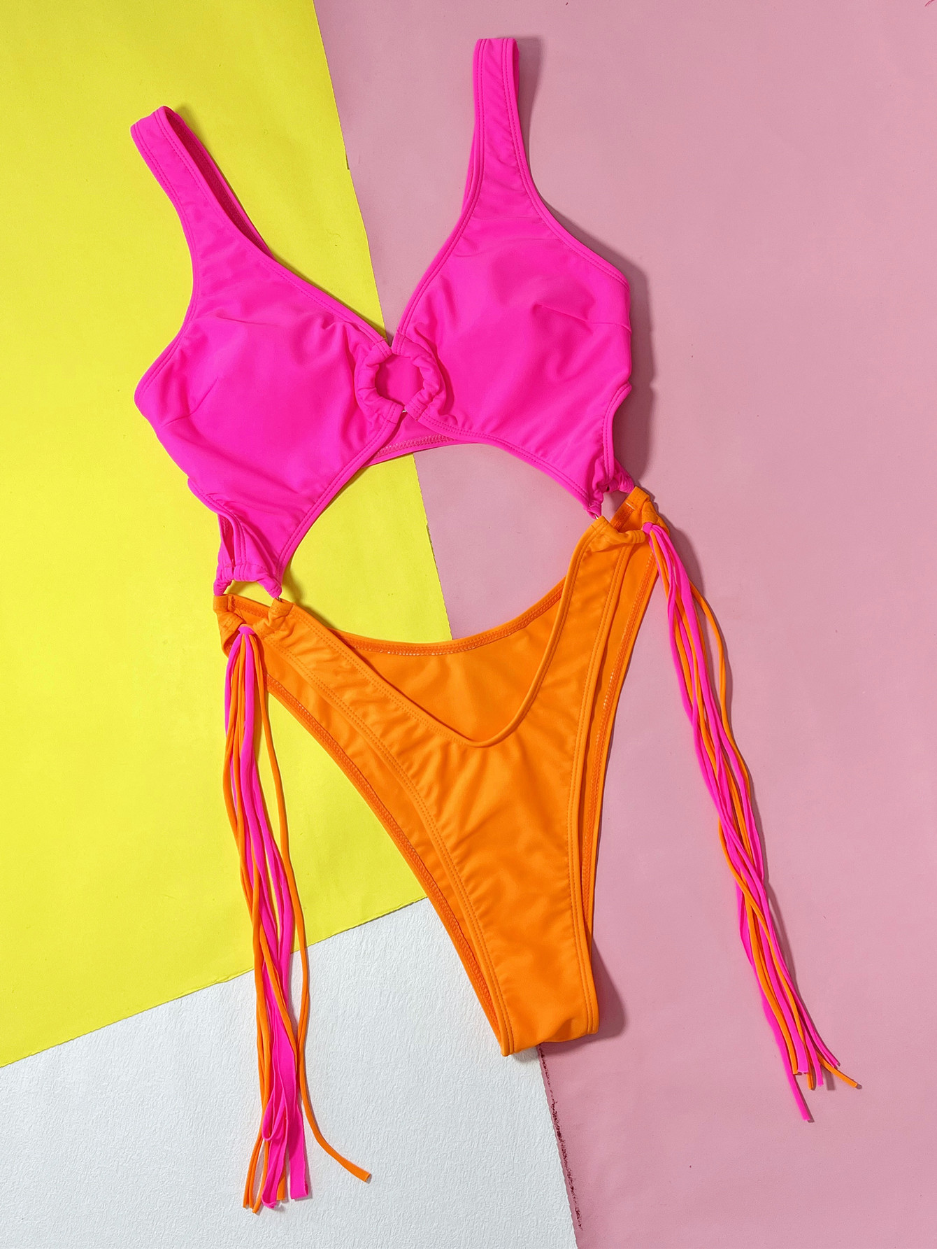 Women Sexy Hollow Steel Ring Tassel One-piece Swimwear