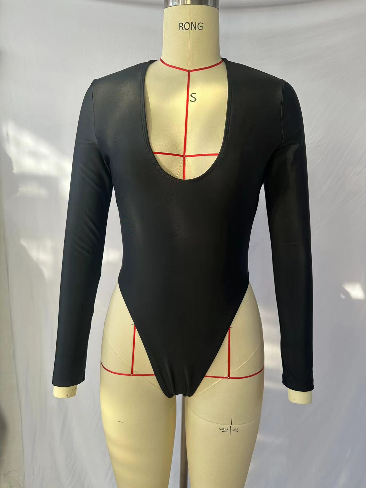U-Neck Long Sleeve Solid Color Swimsuit