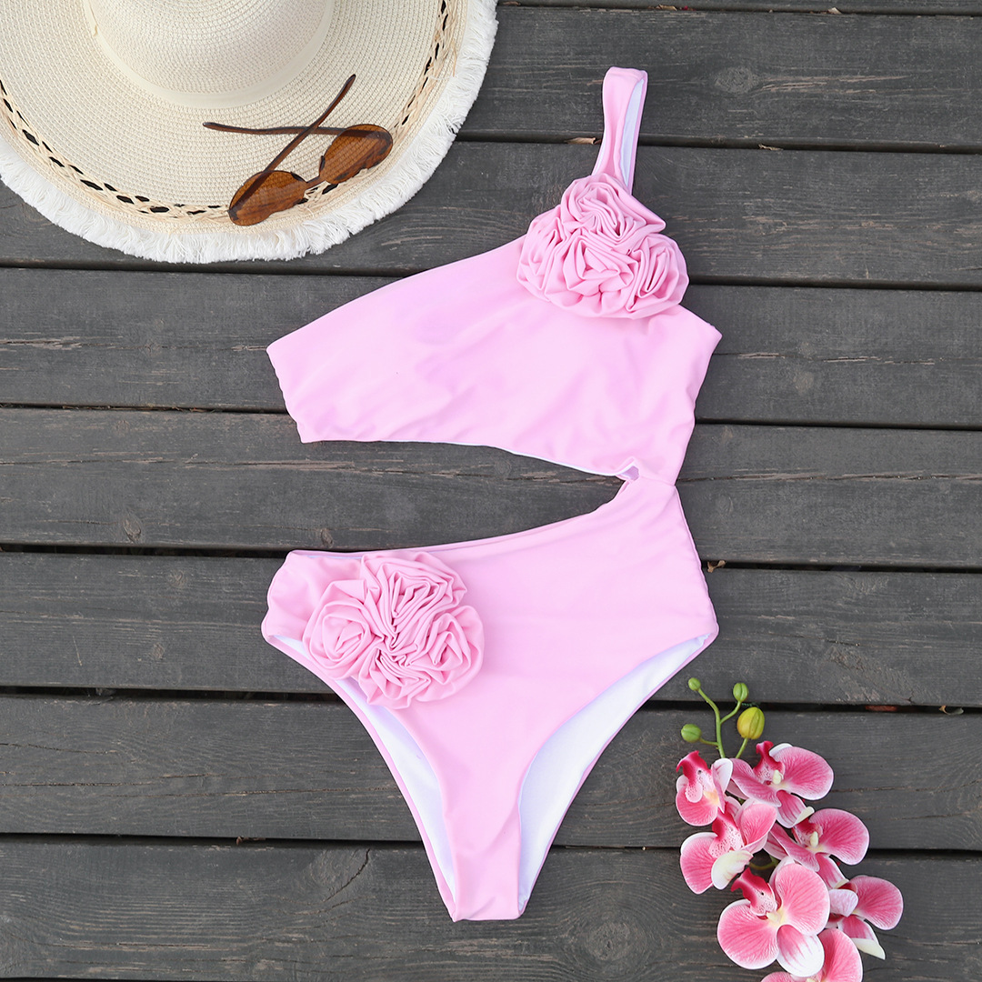 Solid Color One Shoulder Cutout Open Waist Asymmetric One Piece Swimsuit