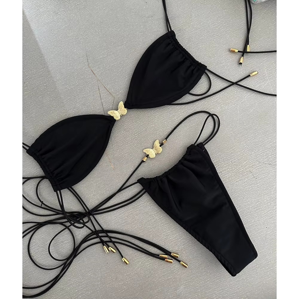 Women Bikini Butterfly Gold Sexy Solid Lace-up Two Pieces Swimwear