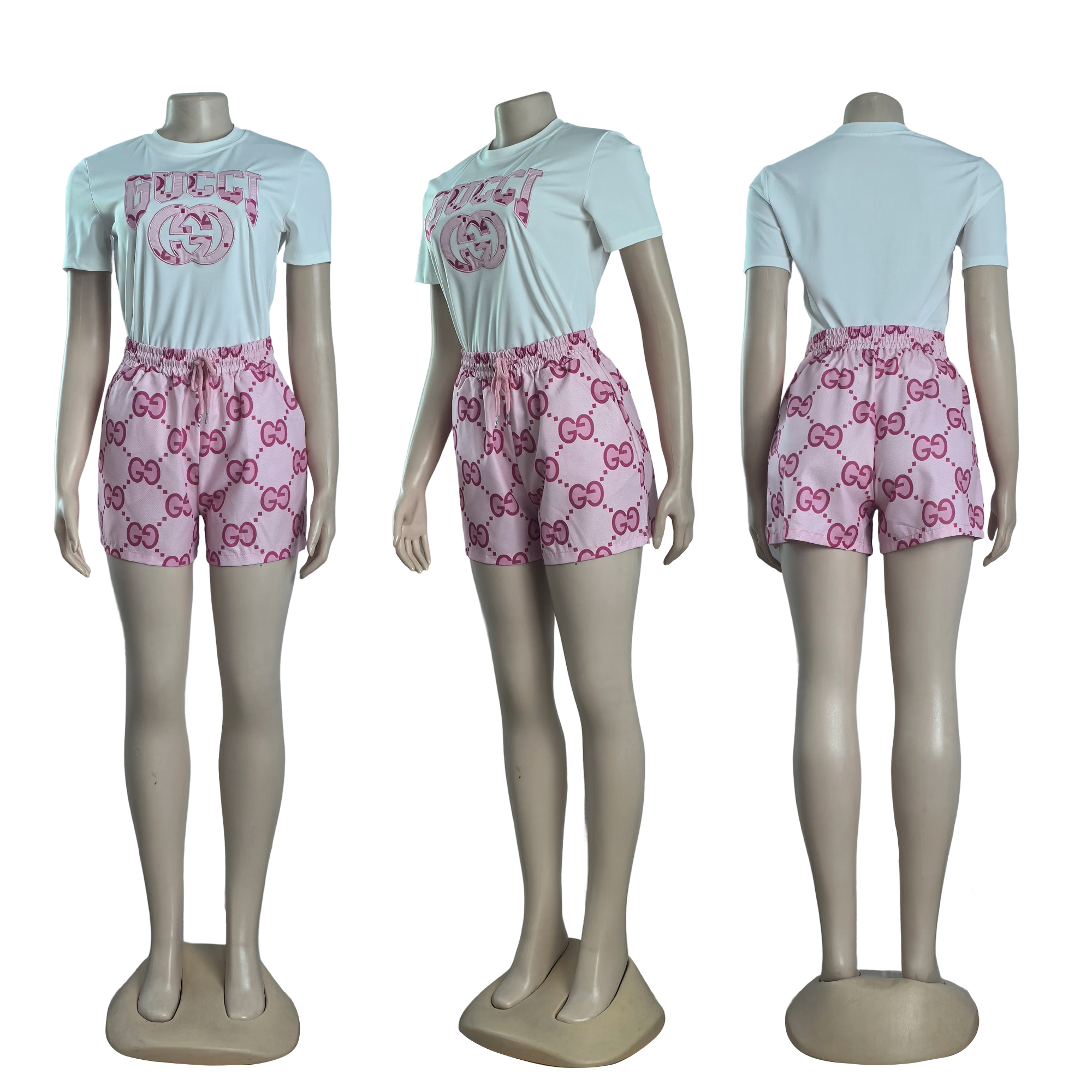 Women Summer Embroidered Printed Short Sleeve Top and Shorts Two-Piece Set