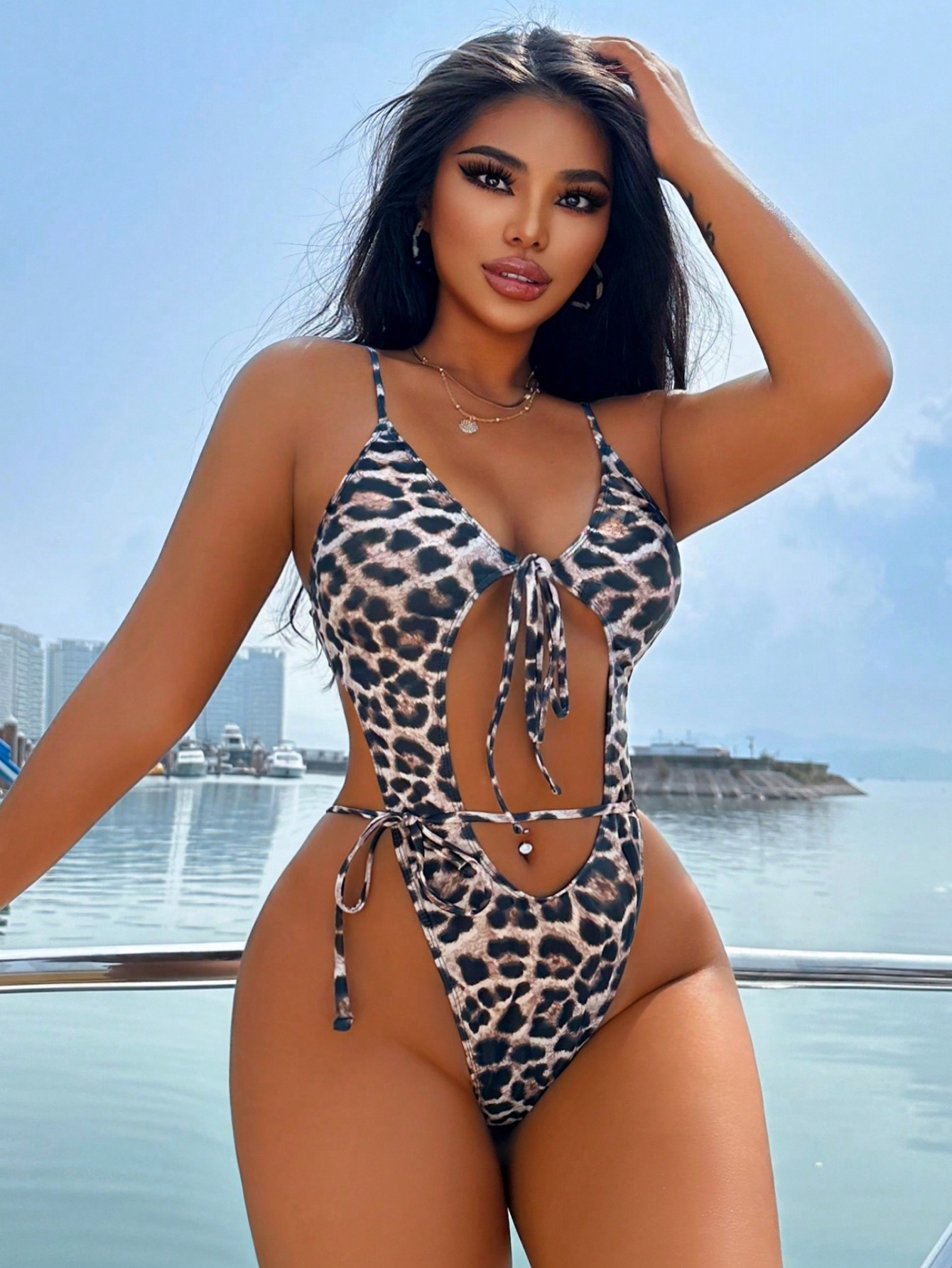 Women Sexy Swimwear  Leopard Print Lace Holidays One-Piece Swimwear