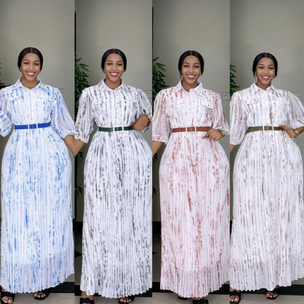 African Women Printed Turndown Collar Long Sleeve Chiffon Dress with Belt