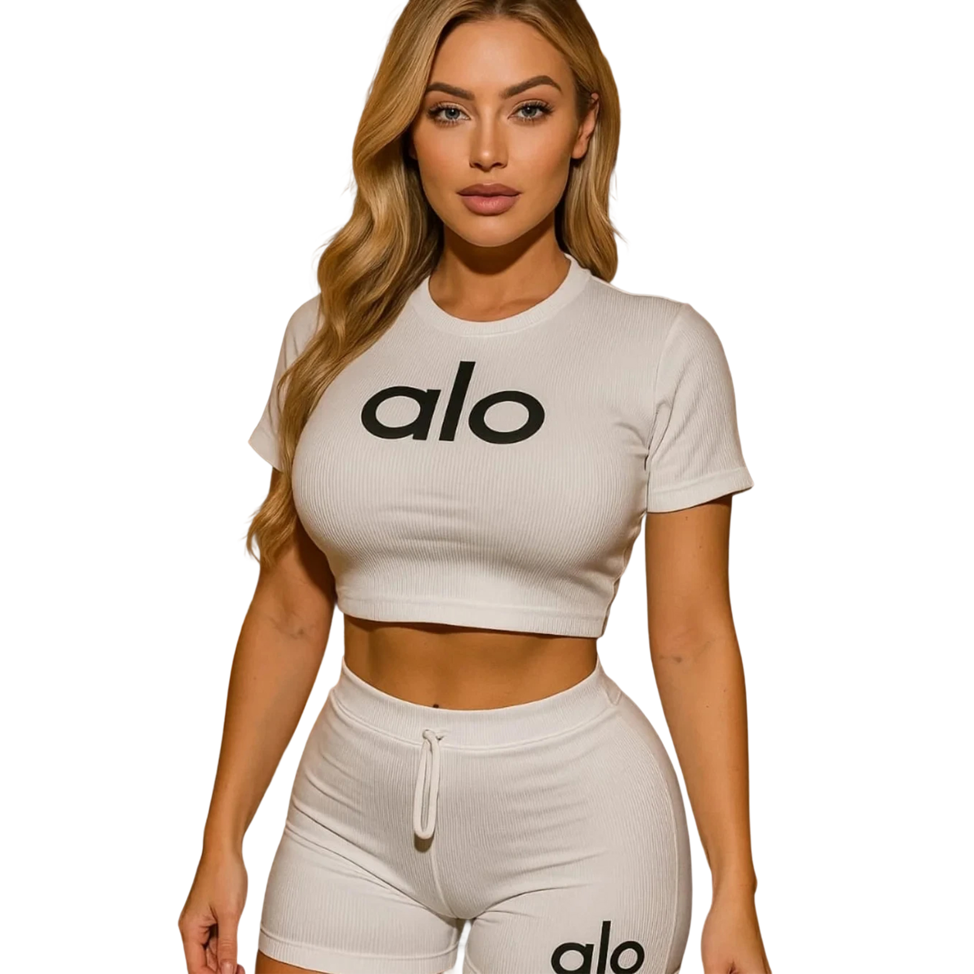 Women summer Stretch Round Neck short-sleeved top and shorts two-piece set