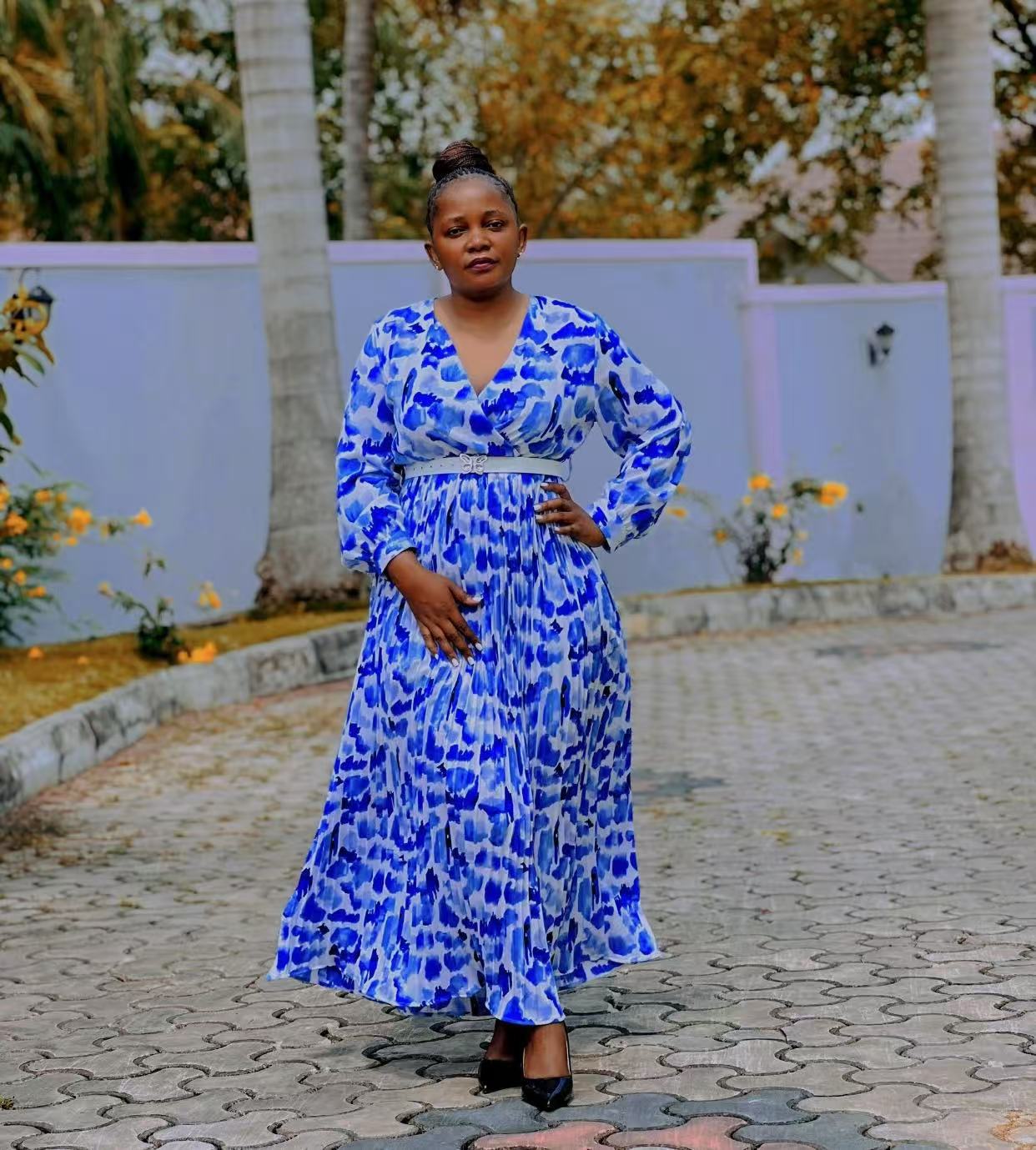 African Women Printed V-Neck Long Sleeve Maxi Dress with Belt