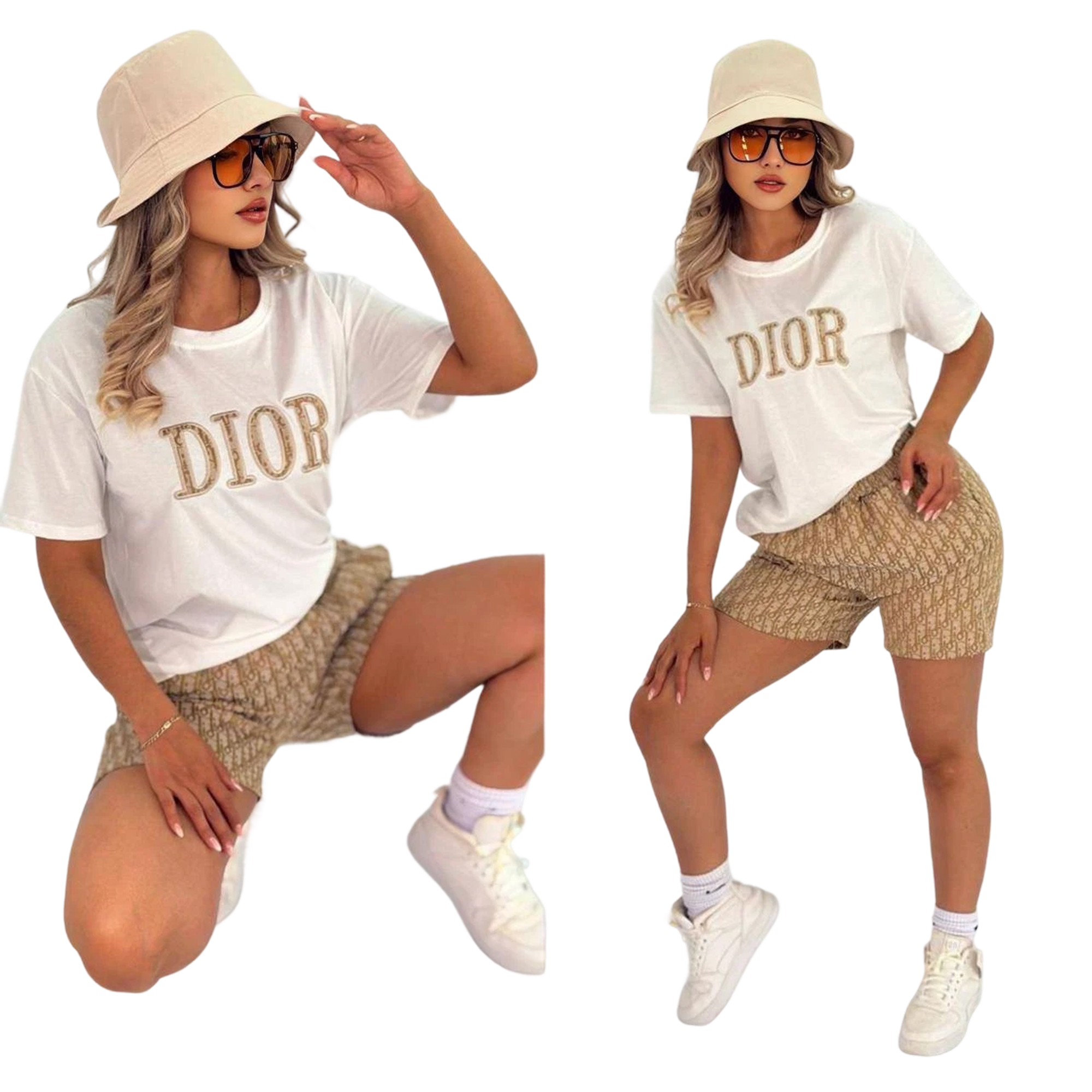 Women summer embroidery + printed short-sleeved top and shorts two-piece set