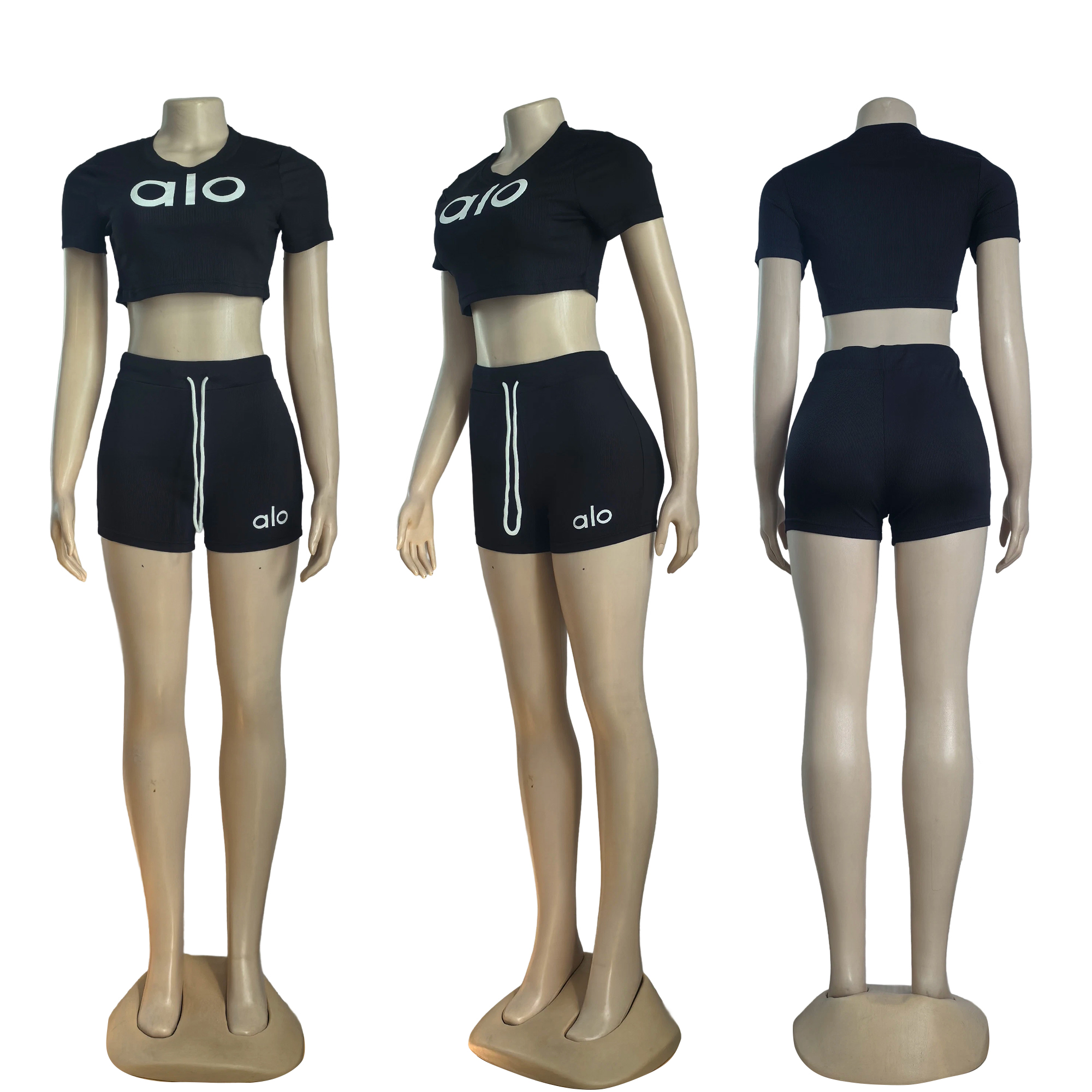 Women summer Stretch Round Neck short-sleeved top and shorts two-piece set