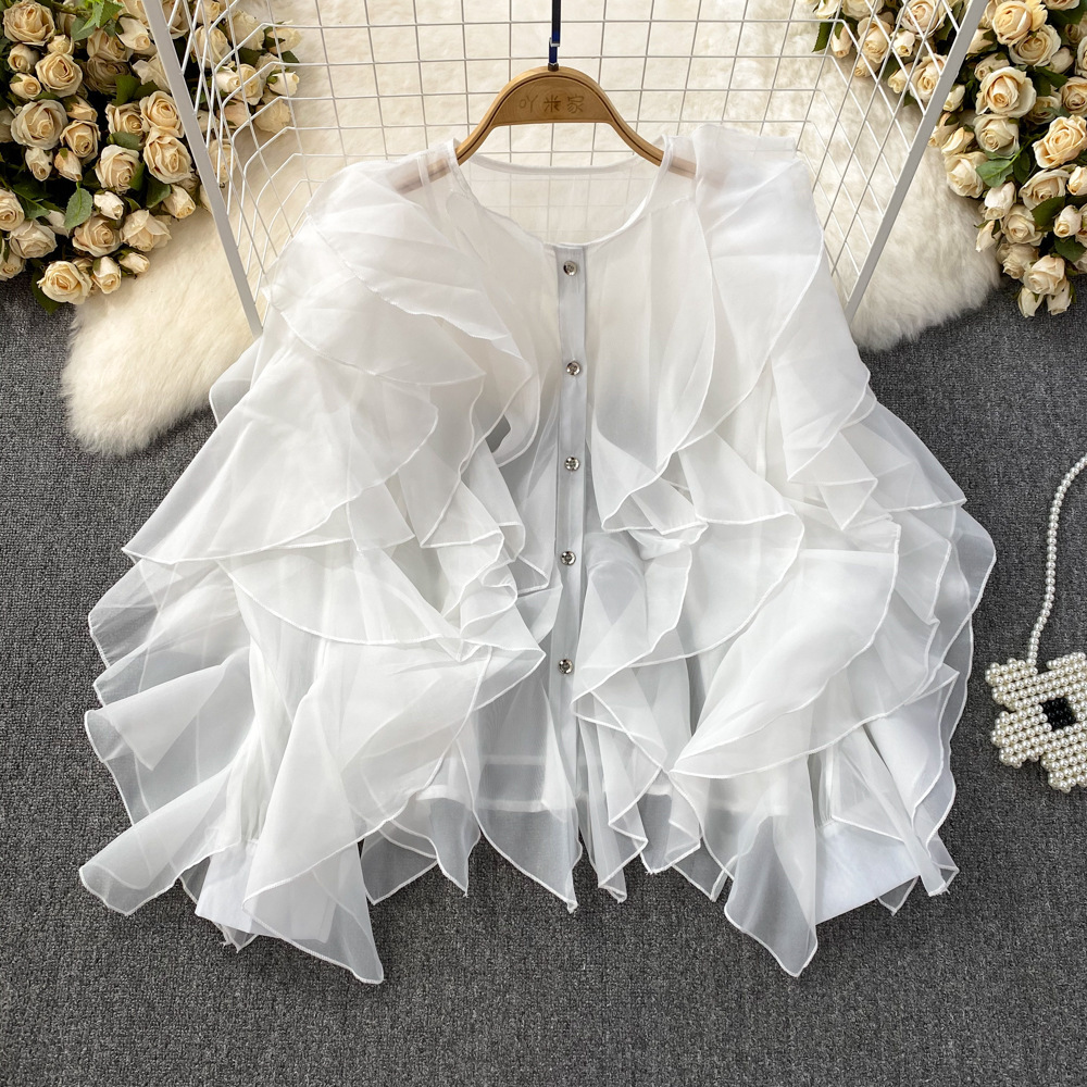 Women Round Neck Irregular Lotus Long Sleeve Casual Top Shirt