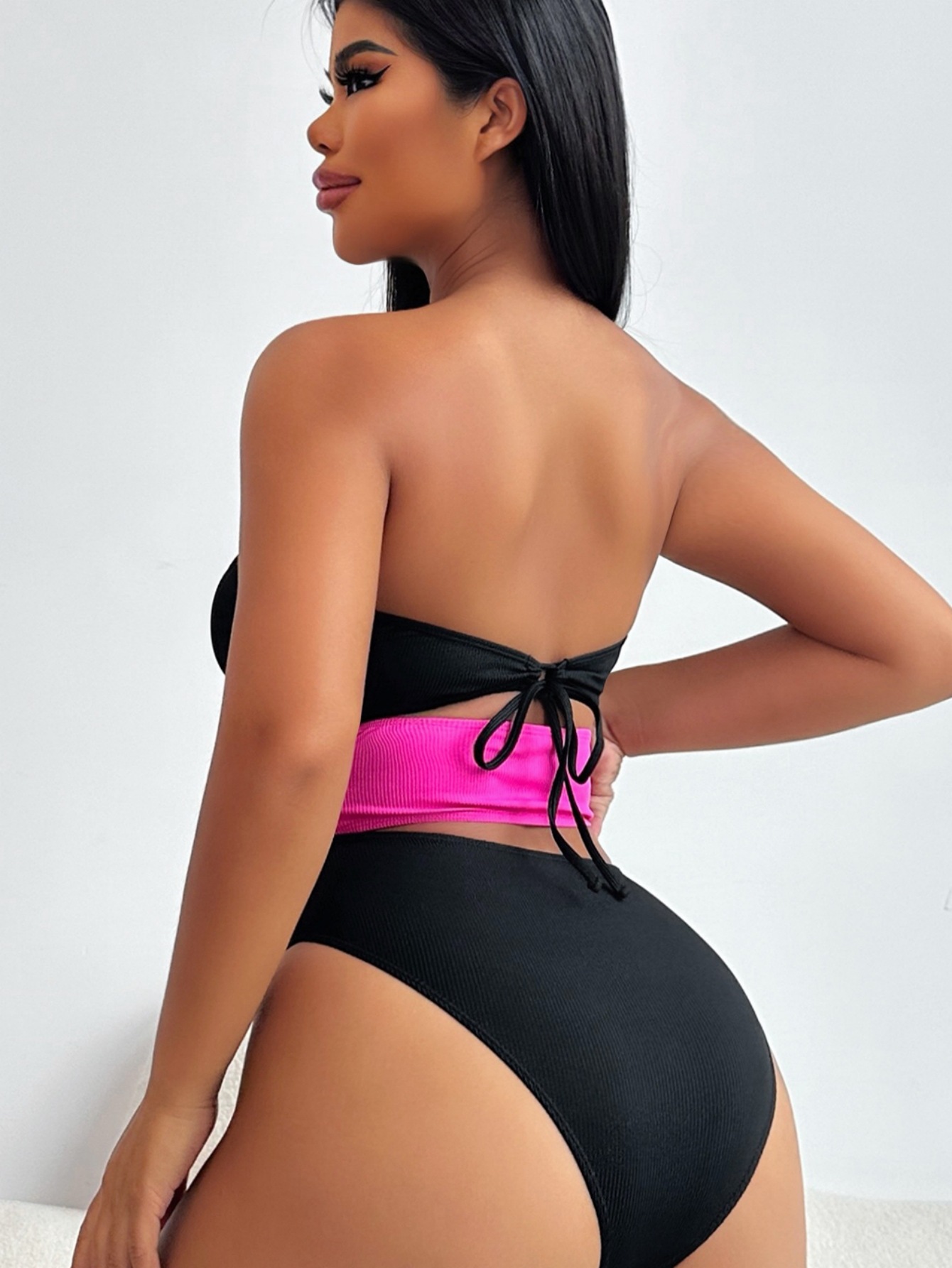 Contrast Color Strapless One-Piece Sexy Swimsuit
