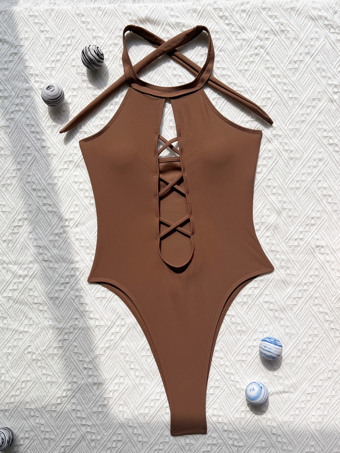 Sexy One-Piece Women Halter Neck Solid Color Swimsuit