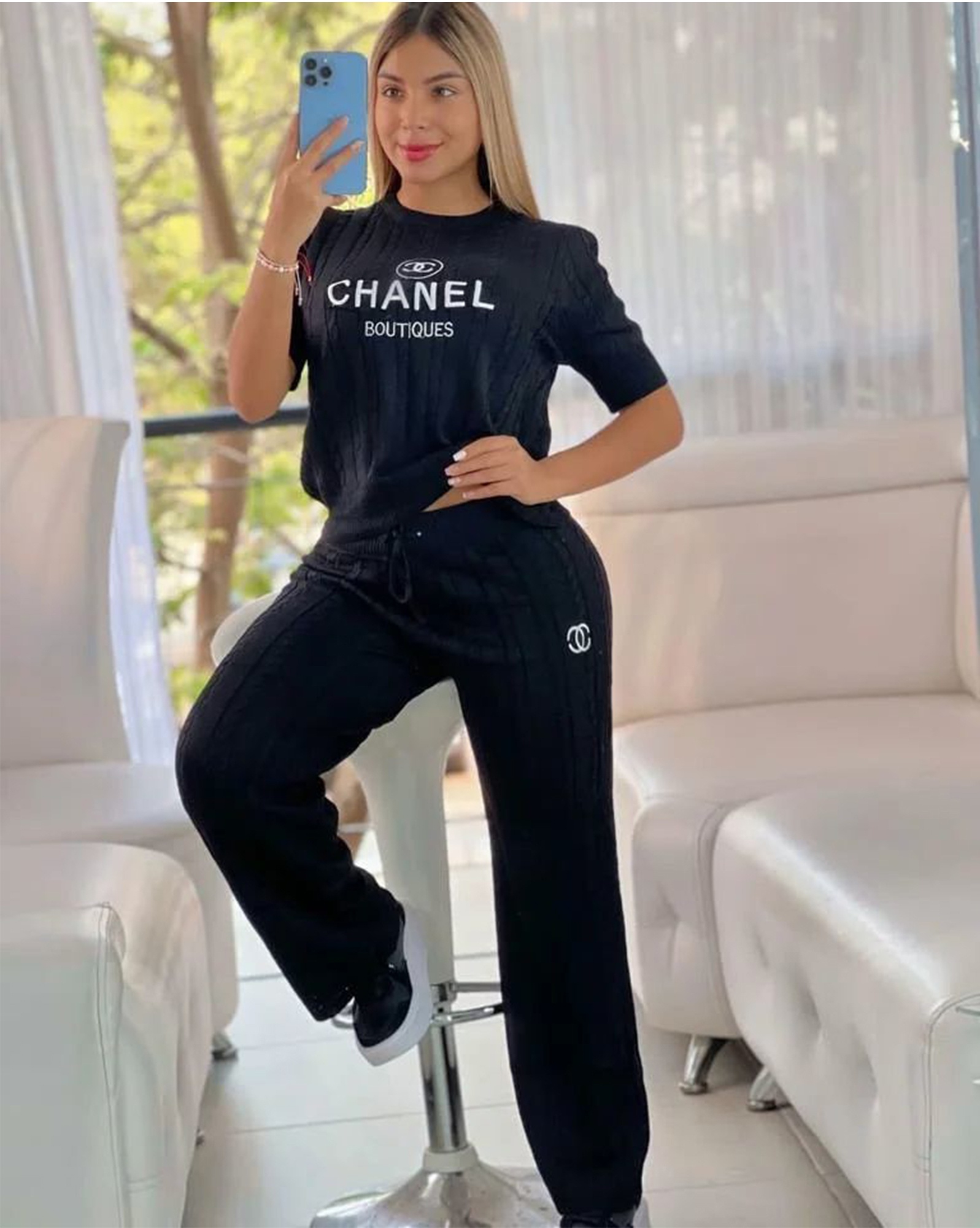 Women Knitting sweater autumn casual short-sleeved sweater top and long pants knitting two-piece set