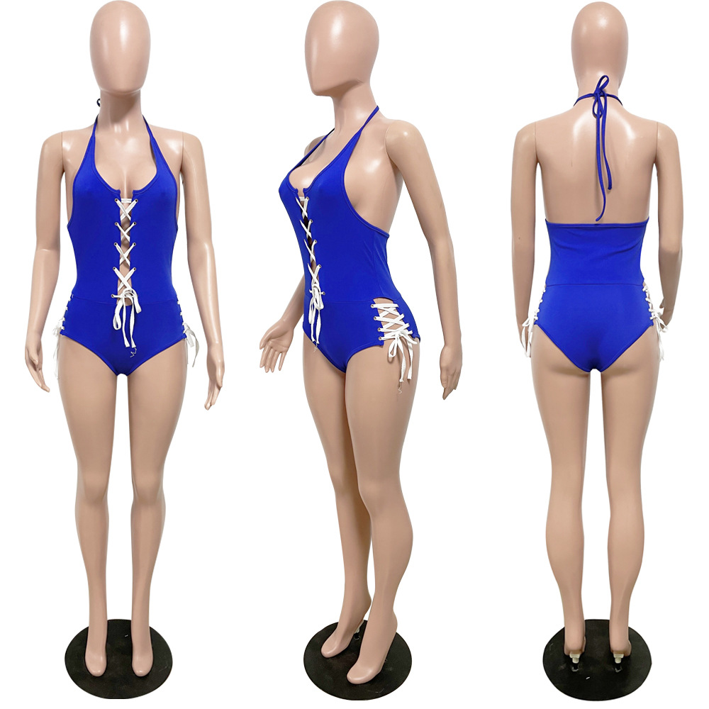 Women's sexy solid color Halter Neck one-piece hollow swimsuit