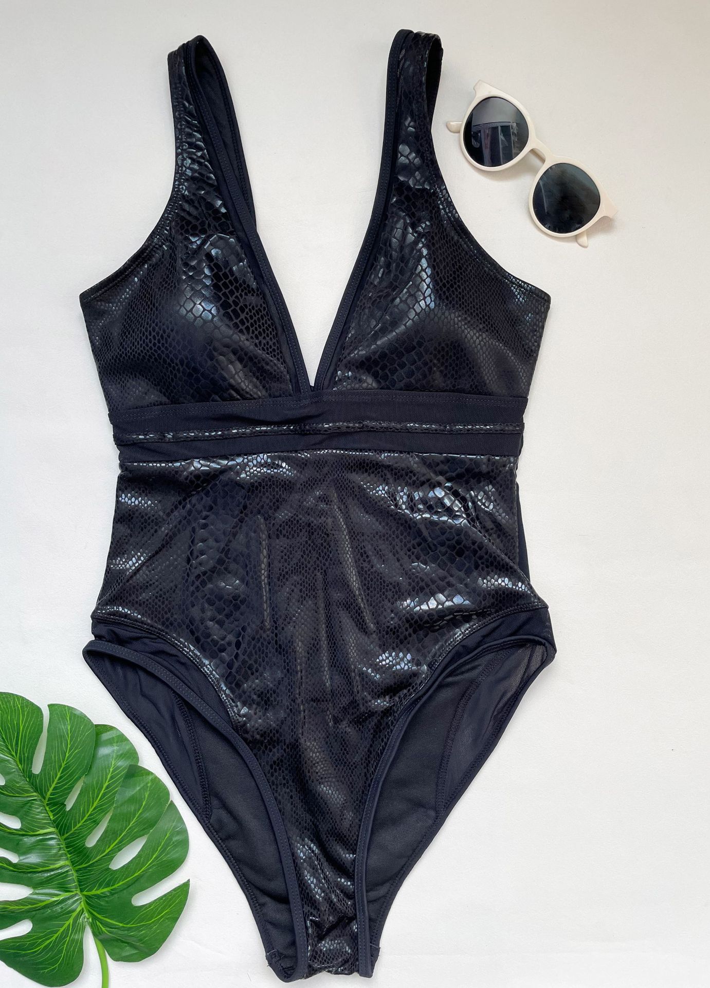 Women Mesh Patchwork Sexy V-Neck One-Piece Swimwear
