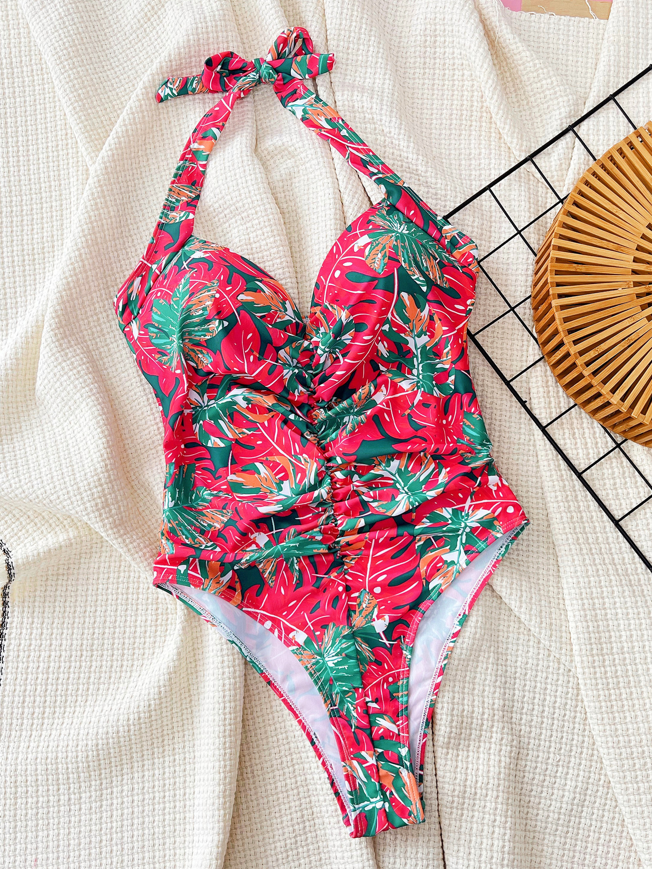 Women bikini print pleated Halter Neck one-piece Swimwear