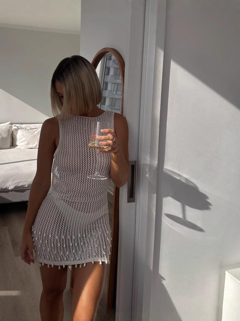 Women bikini tassel beaded suspender beach shirt hollow knitting Dress